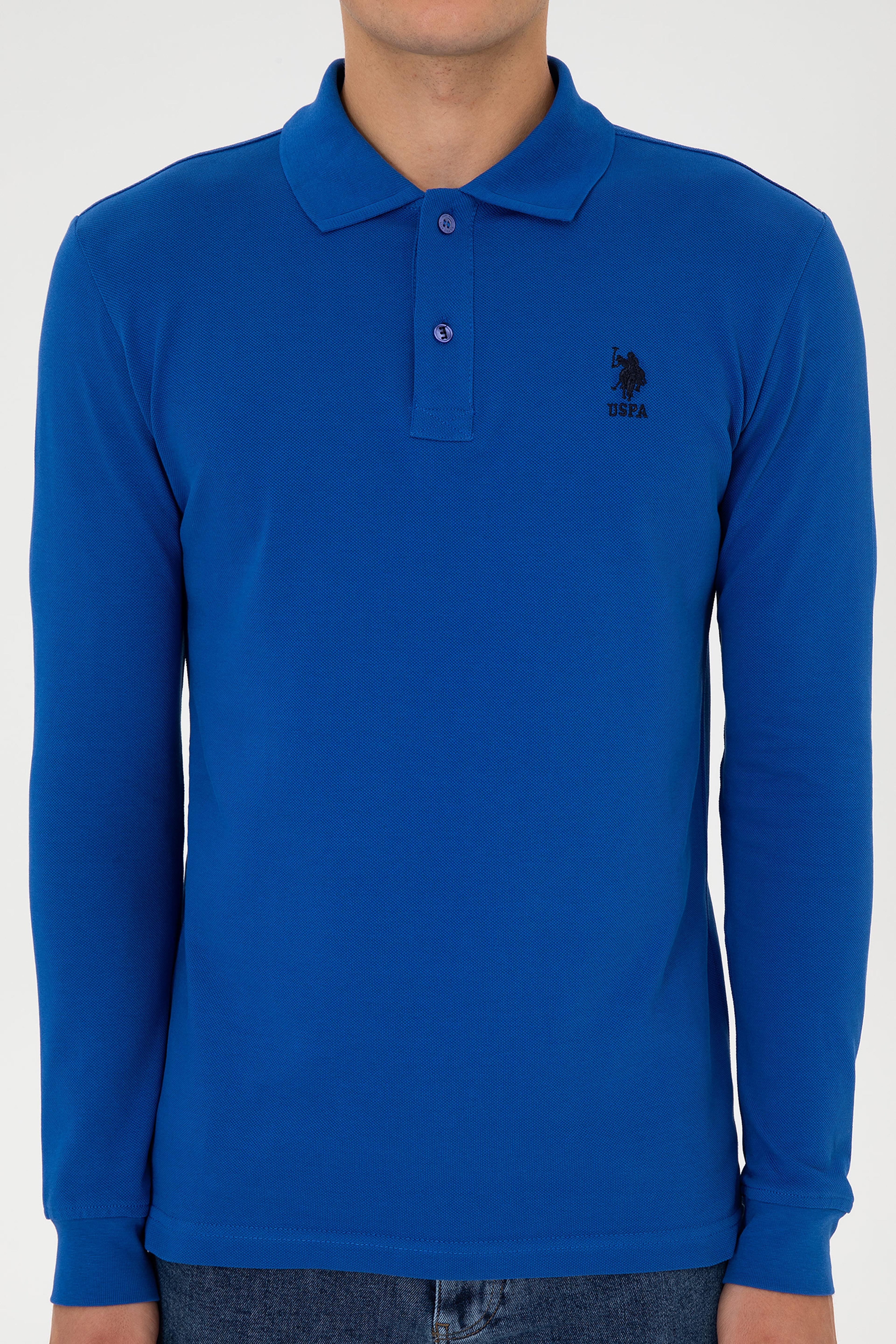 Erkek Slim Fit Polo Yaka Mavi Basic Sweatshirt
