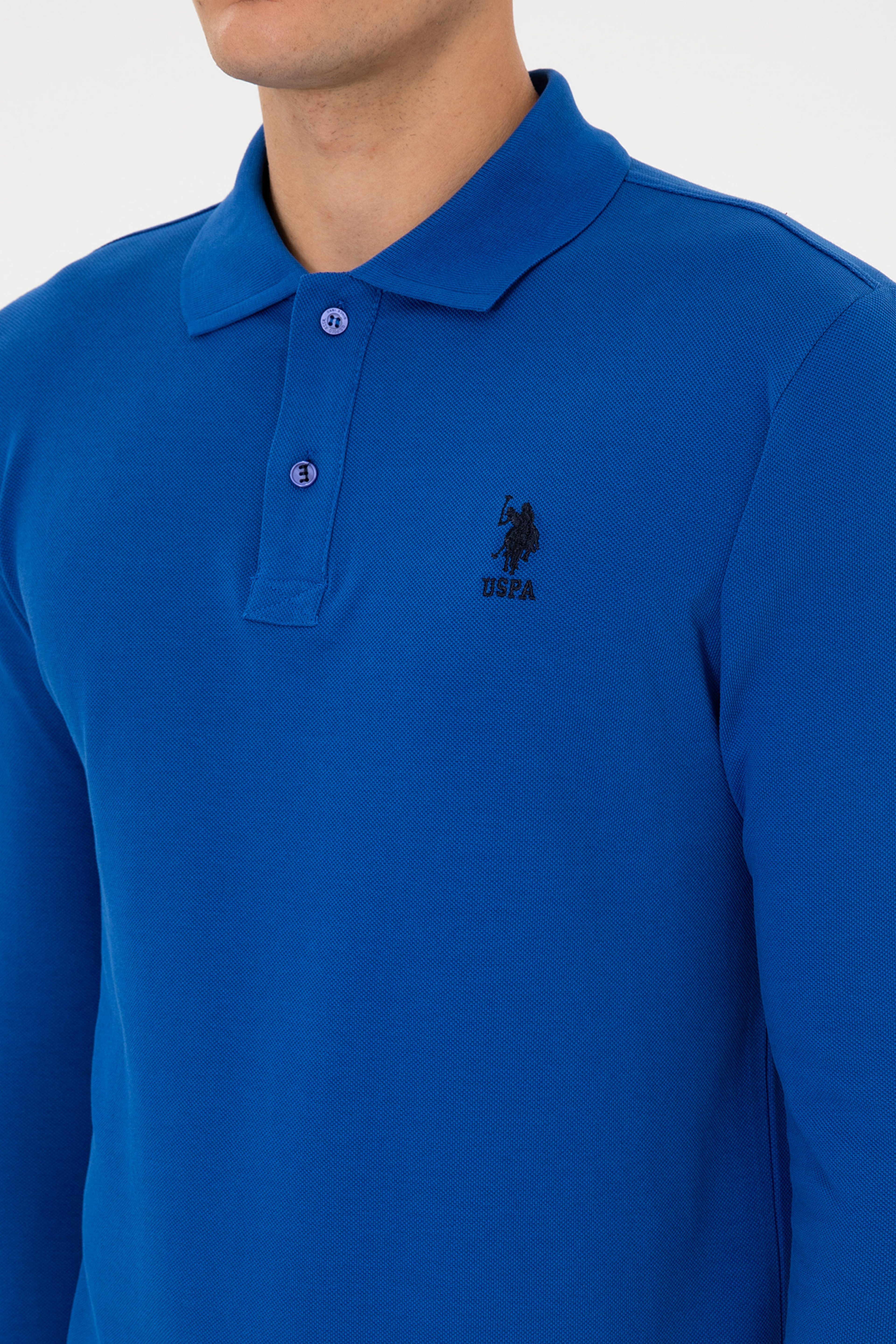 Erkek Slim Fit Polo Yaka Mavi Basic Sweatshirt - Image 7