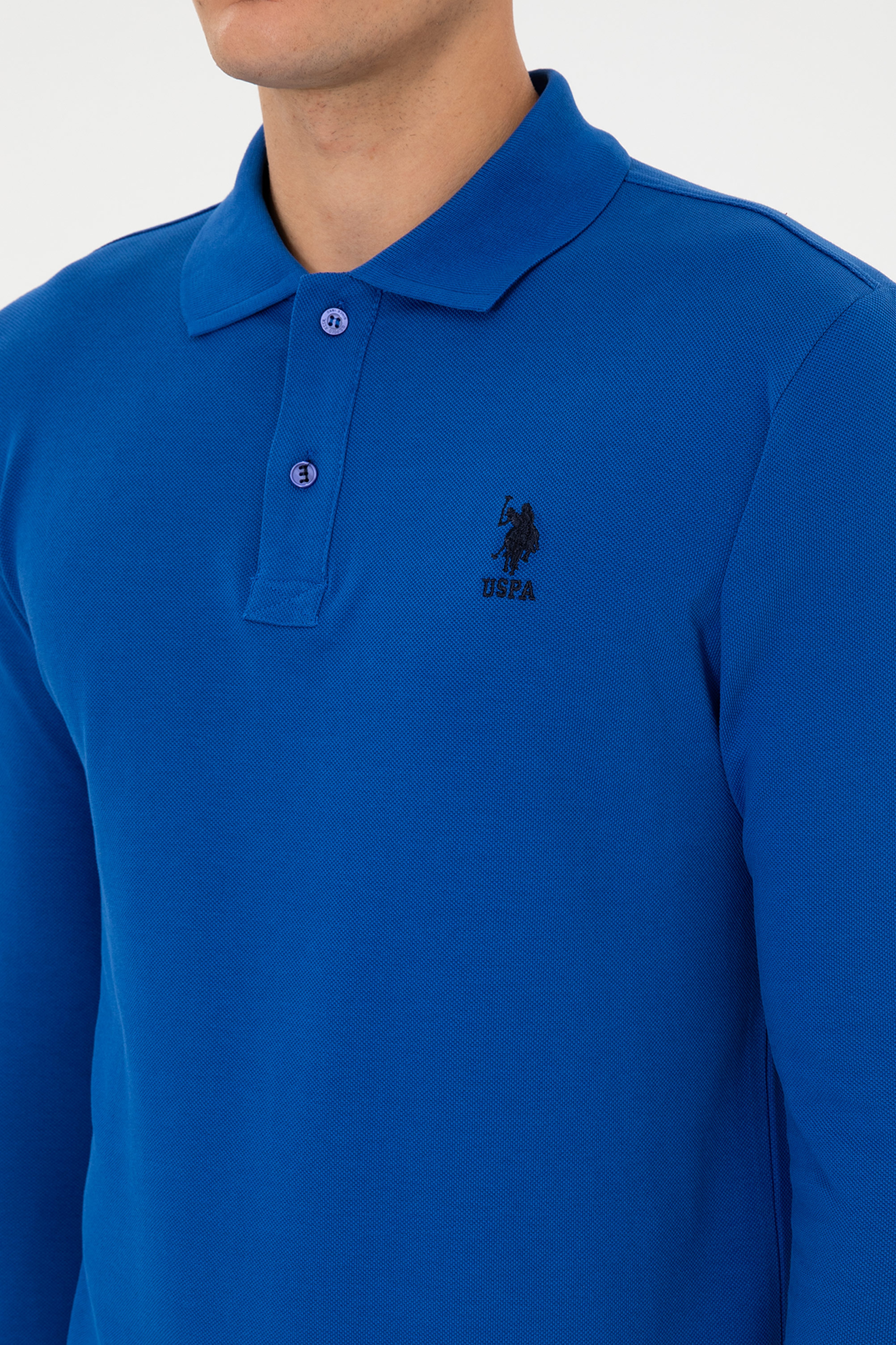 Erkek Slim Fit Polo Yaka Mavi Basic Sweatshirt