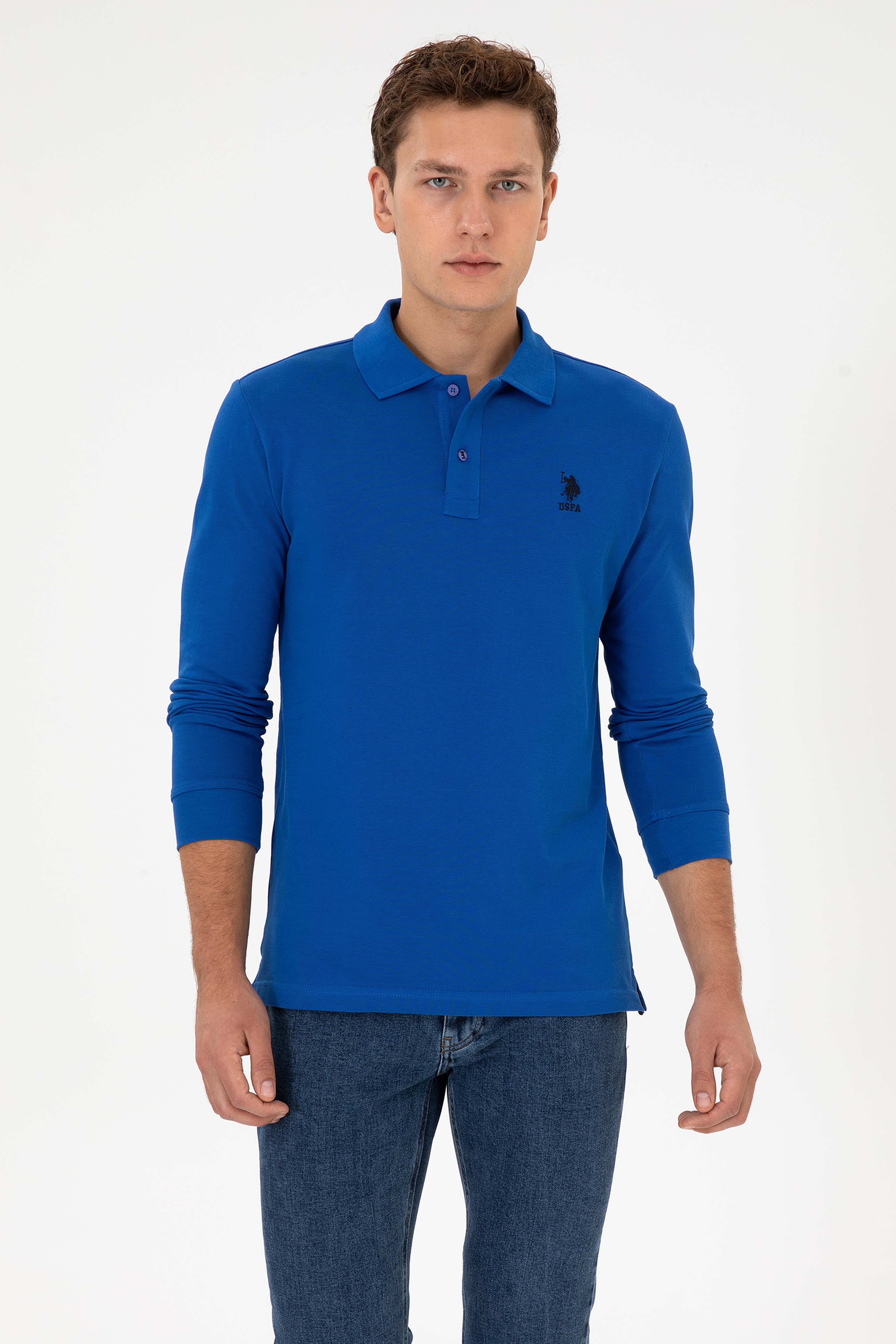 Erkek Slim Fit Polo Yaka Mavi Basic Sweatshirt - Image 3