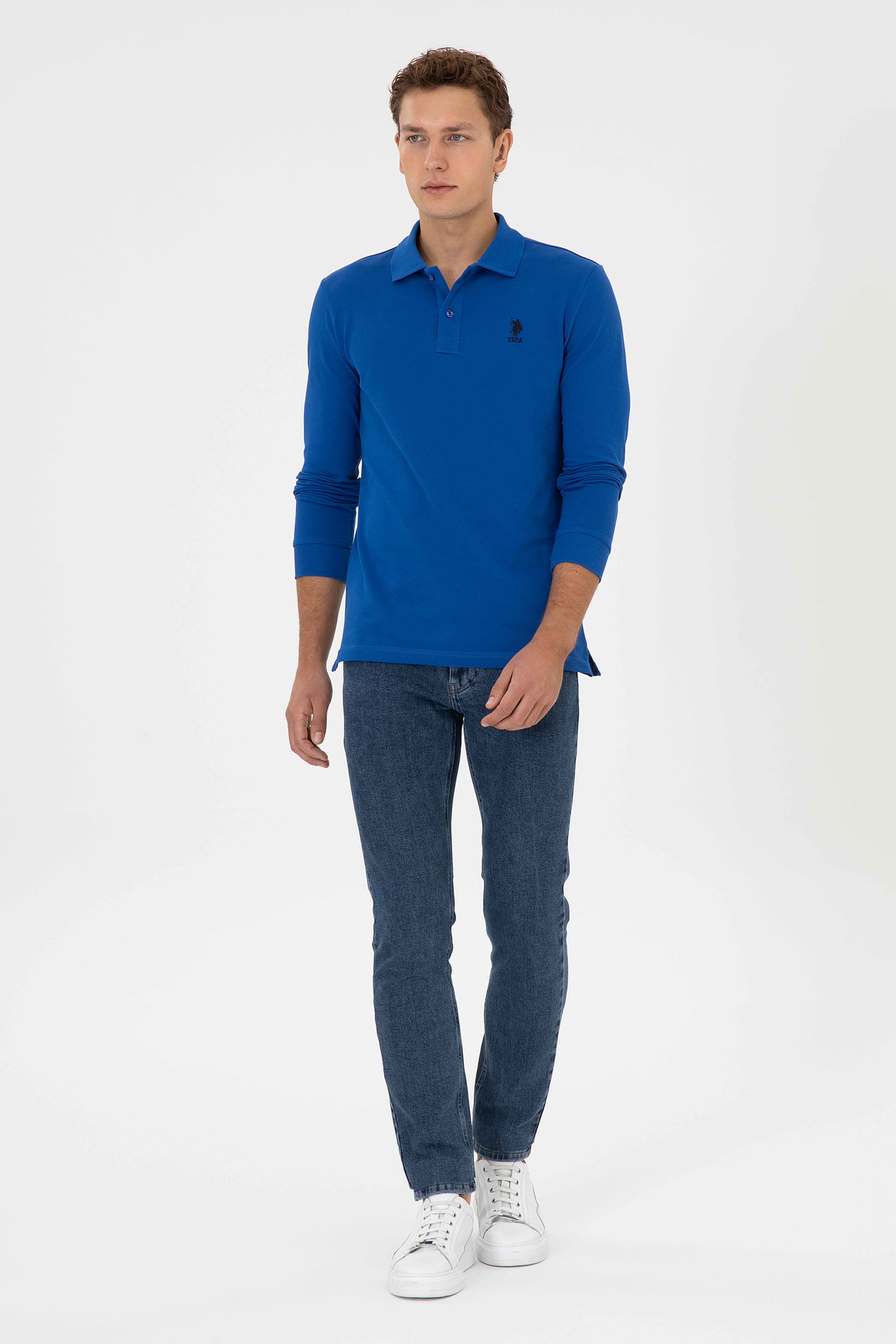 Erkek Slim Fit Polo Yaka Mavi Basic Sweatshirt