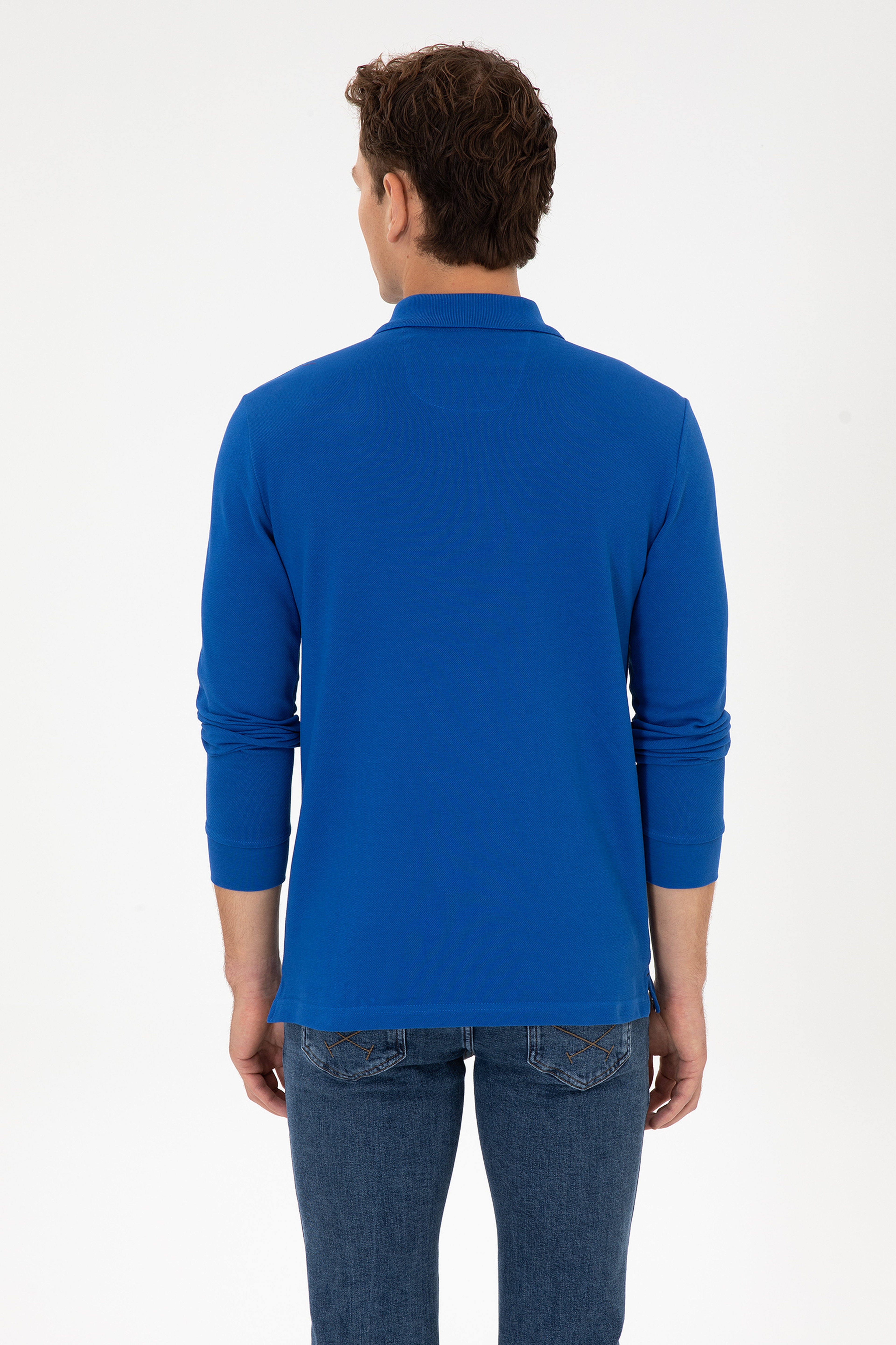 Erkek Slim Fit Polo Yaka Mavi Basic Sweatshirt - Image 5