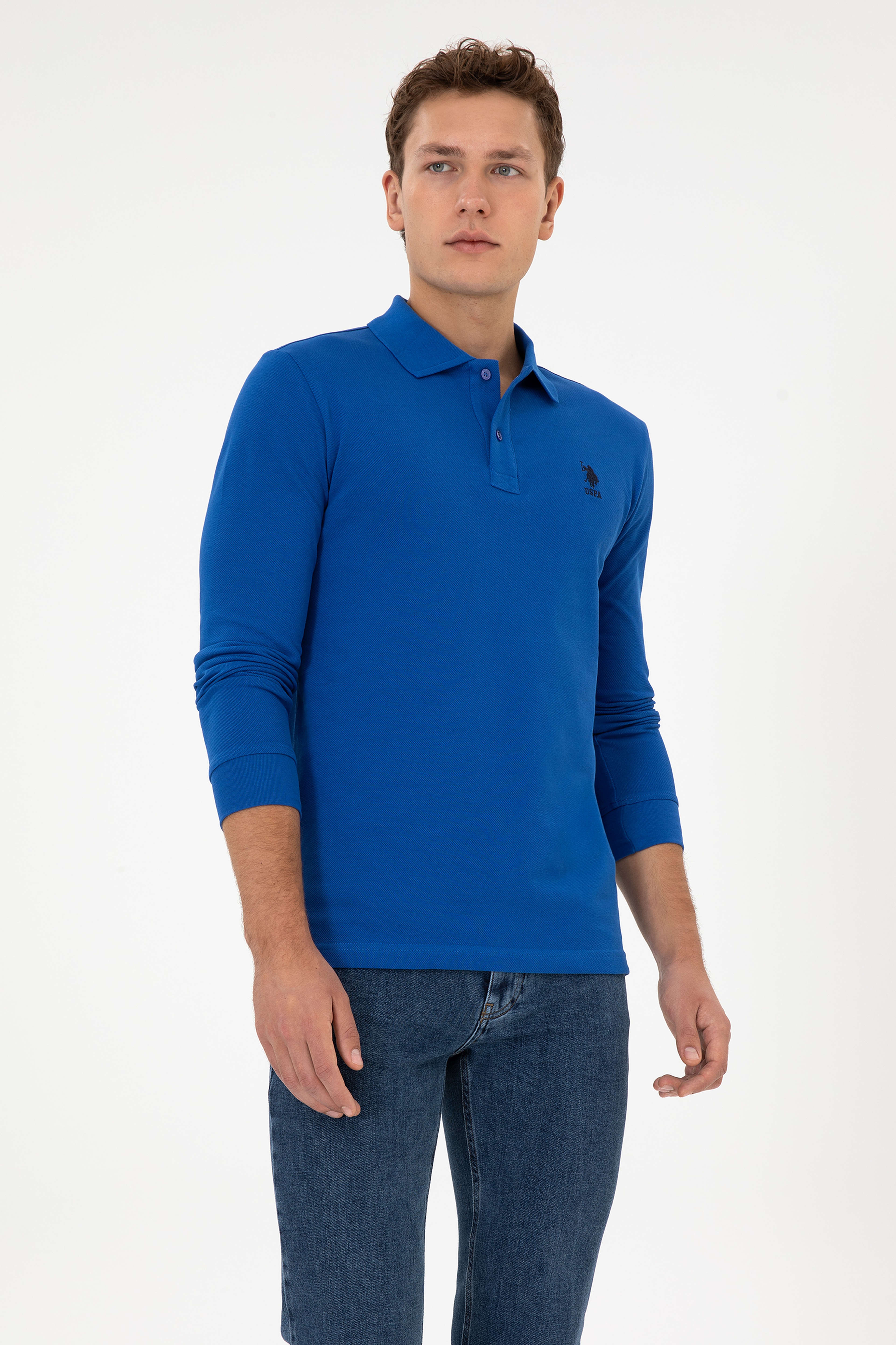 Erkek Slim Fit Polo Yaka Mavi Basic Sweatshirt