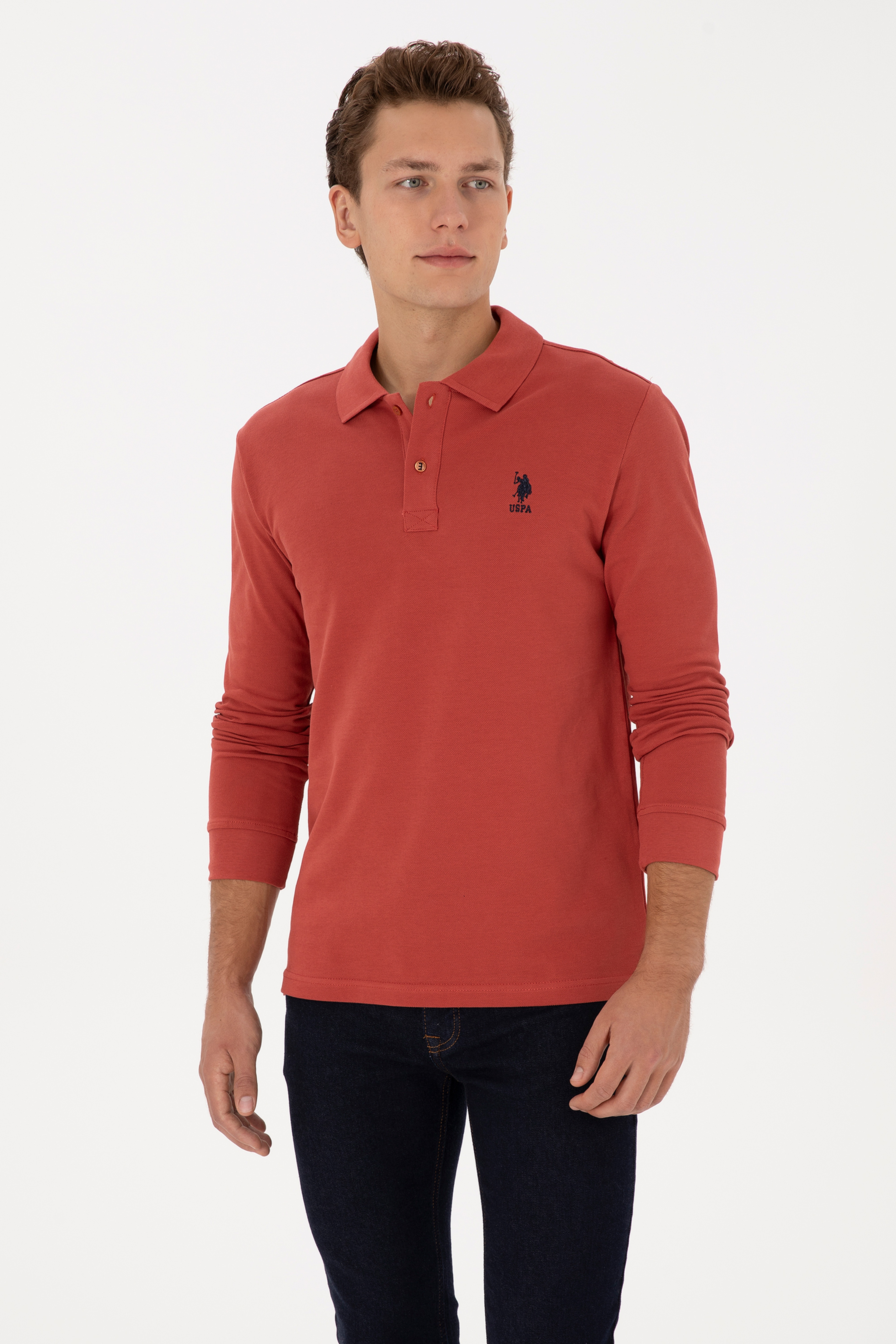 Erkek Slim Fit Polo Yaka Gül Kurusu Basic Sweatshirt