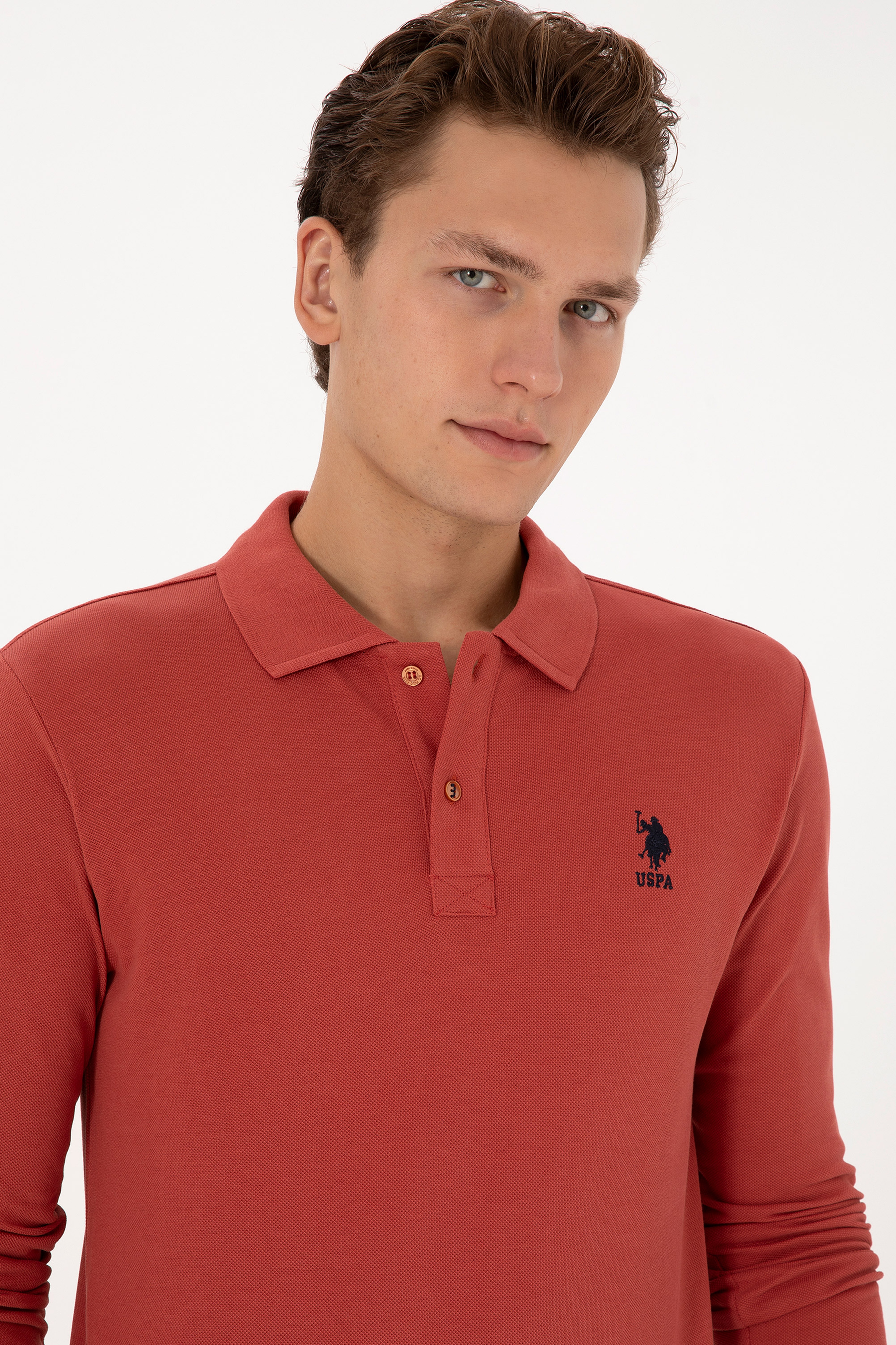 Erkek Slim Fit Polo Yaka Gül Kurusu Basic Sweatshirt - Image 2