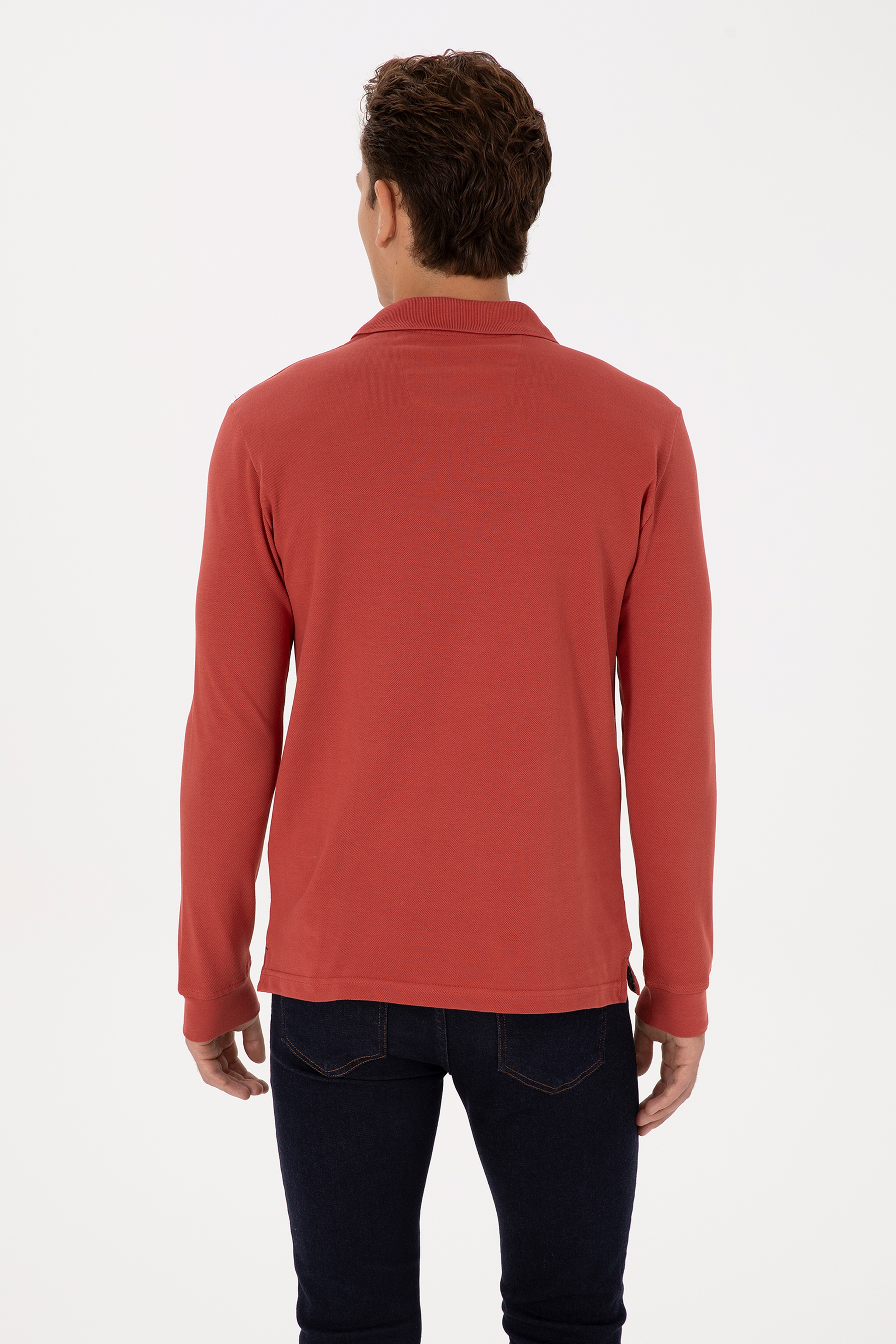 Erkek Slim Fit Polo Yaka Gül Kurusu Basic Sweatshirt