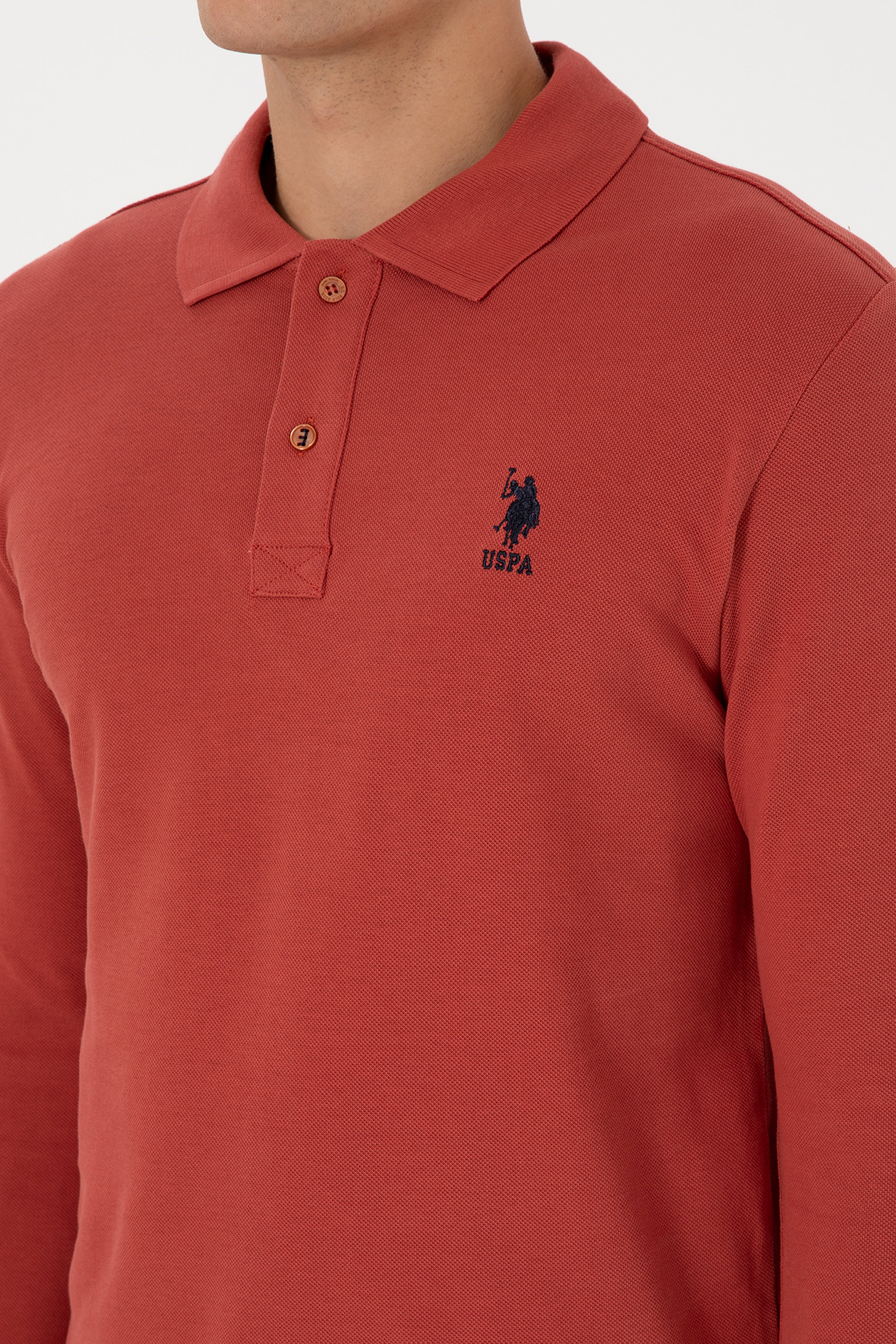 Erkek Slim Fit Polo Yaka Gül Kurusu Basic Sweatshirt