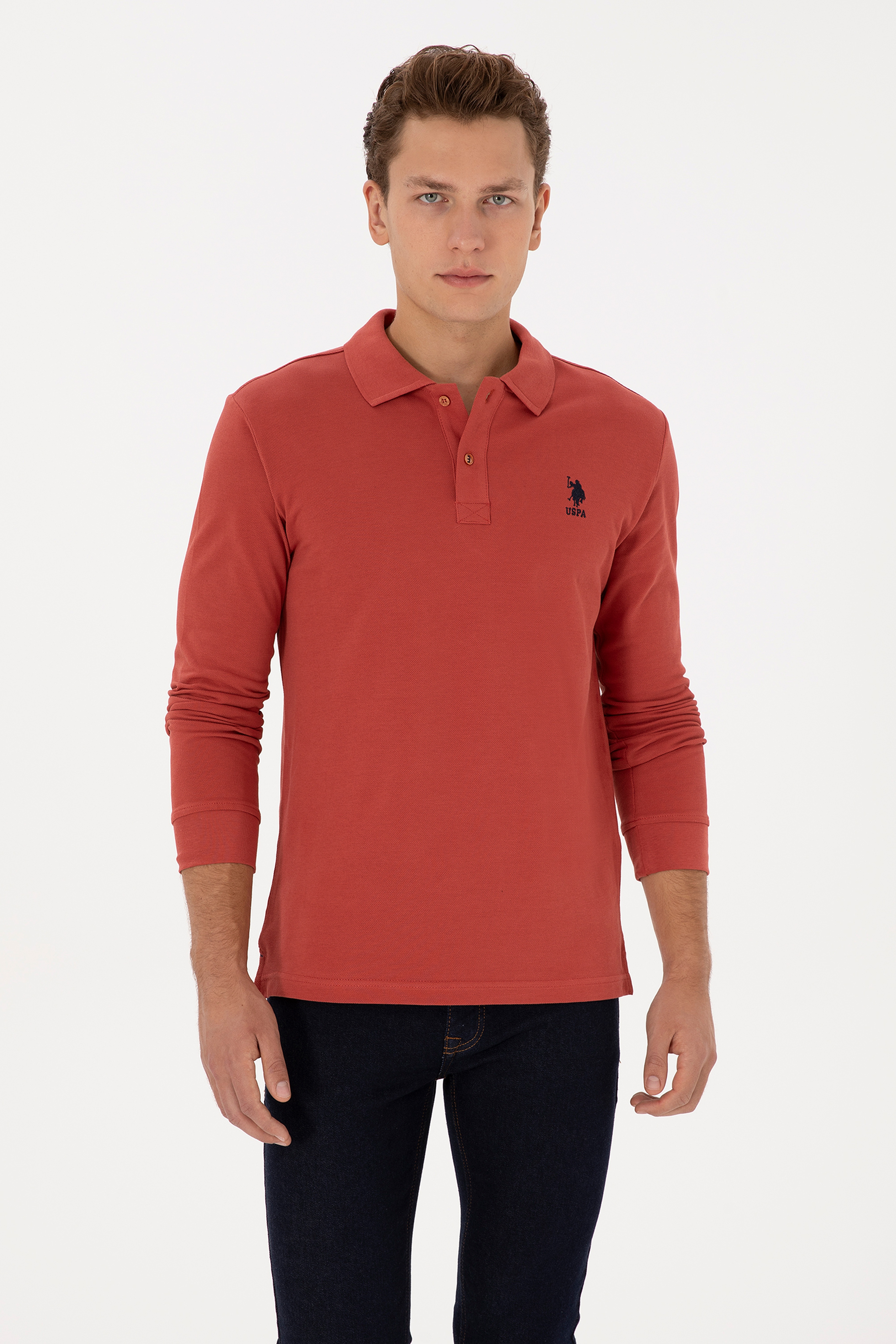 Erkek Slim Fit Polo Yaka Gül Kurusu Basic Sweatshirt