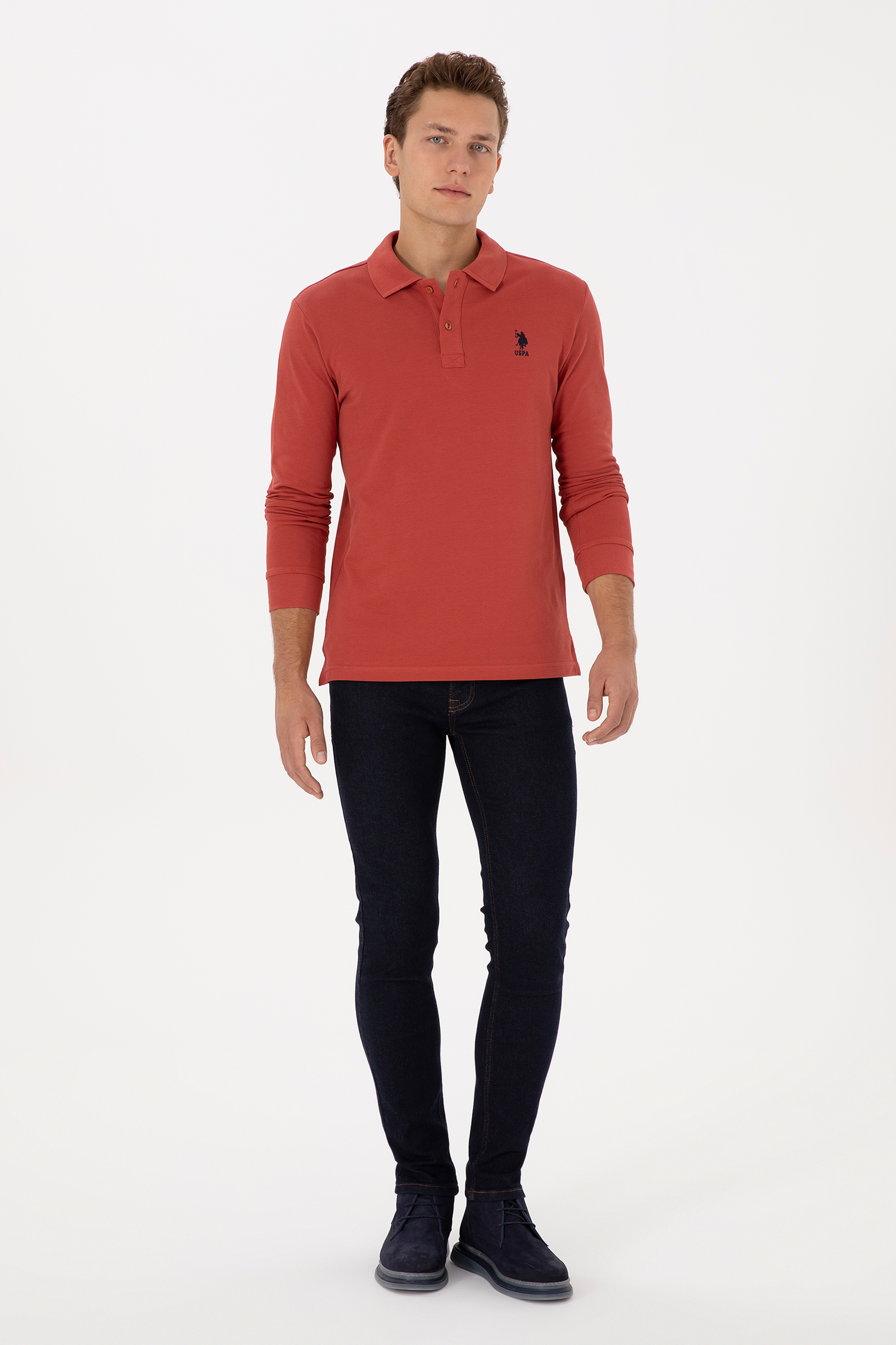 Erkek Slim Fit Polo Yaka Gül Kurusu Basic Sweatshirt - Image 4