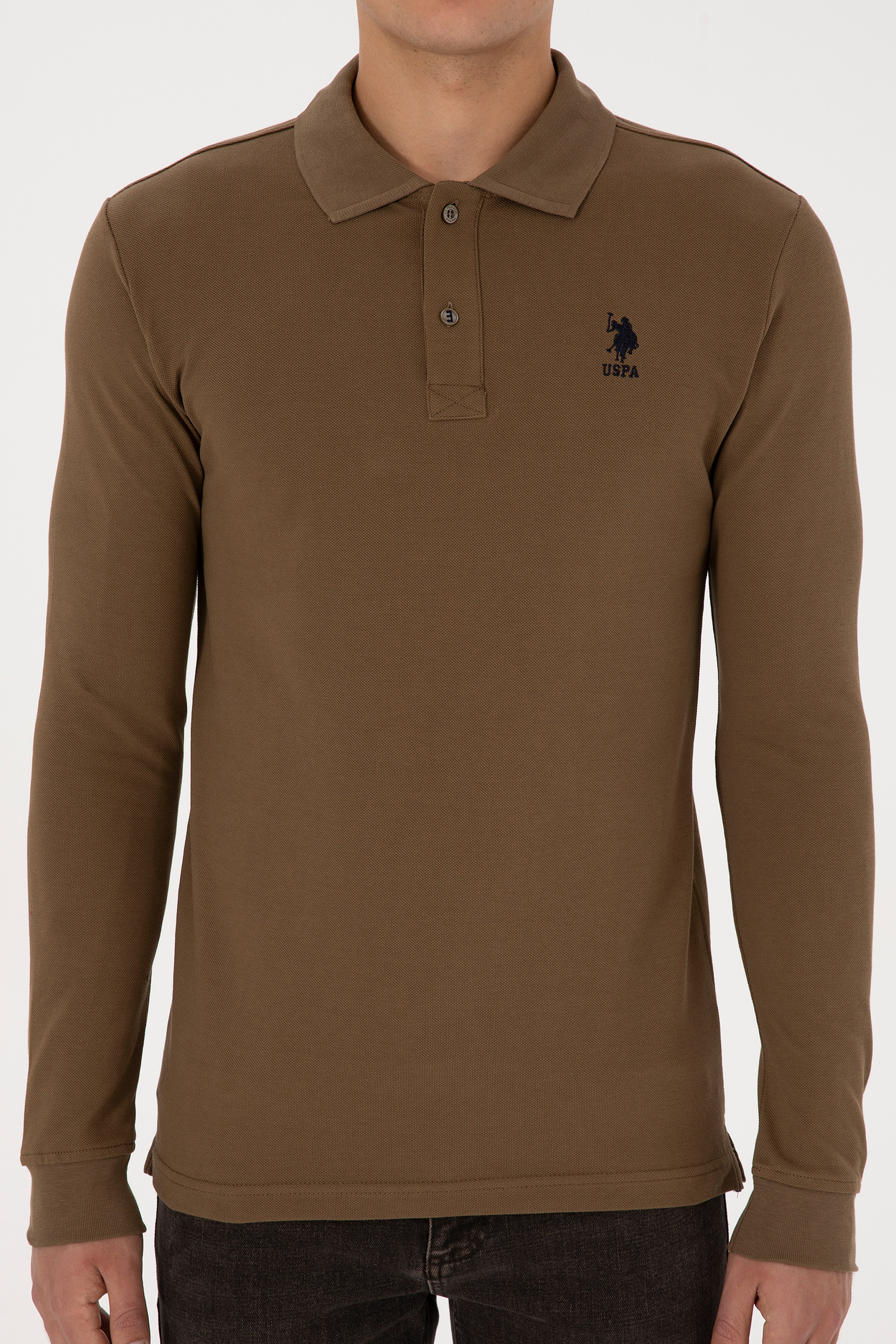Erkek Slim Fit Polo Yaka Haki Basic Sweatshirt - Image 6