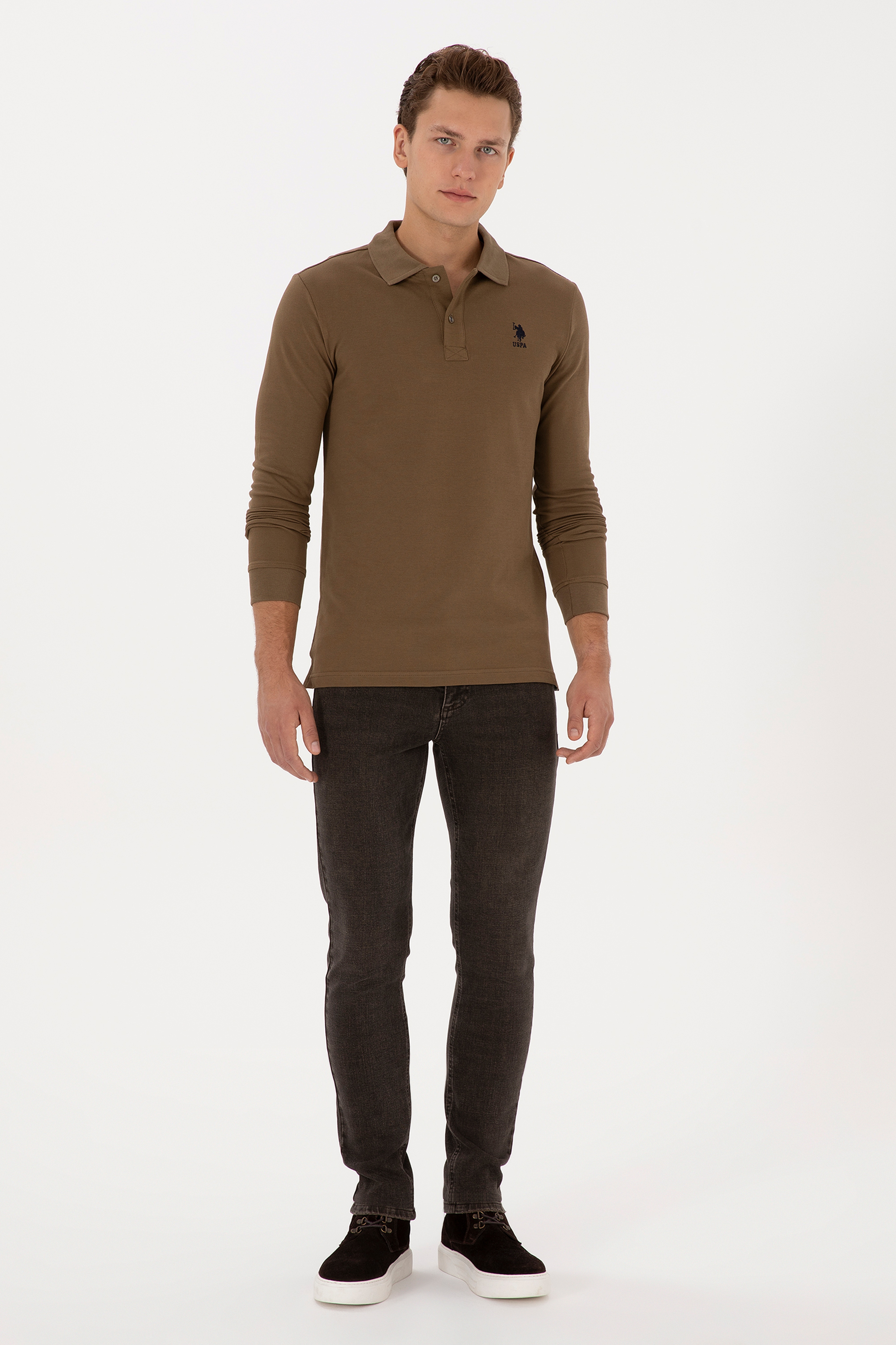 Erkek Slim Fit Polo Yaka Haki Basic Sweatshirt