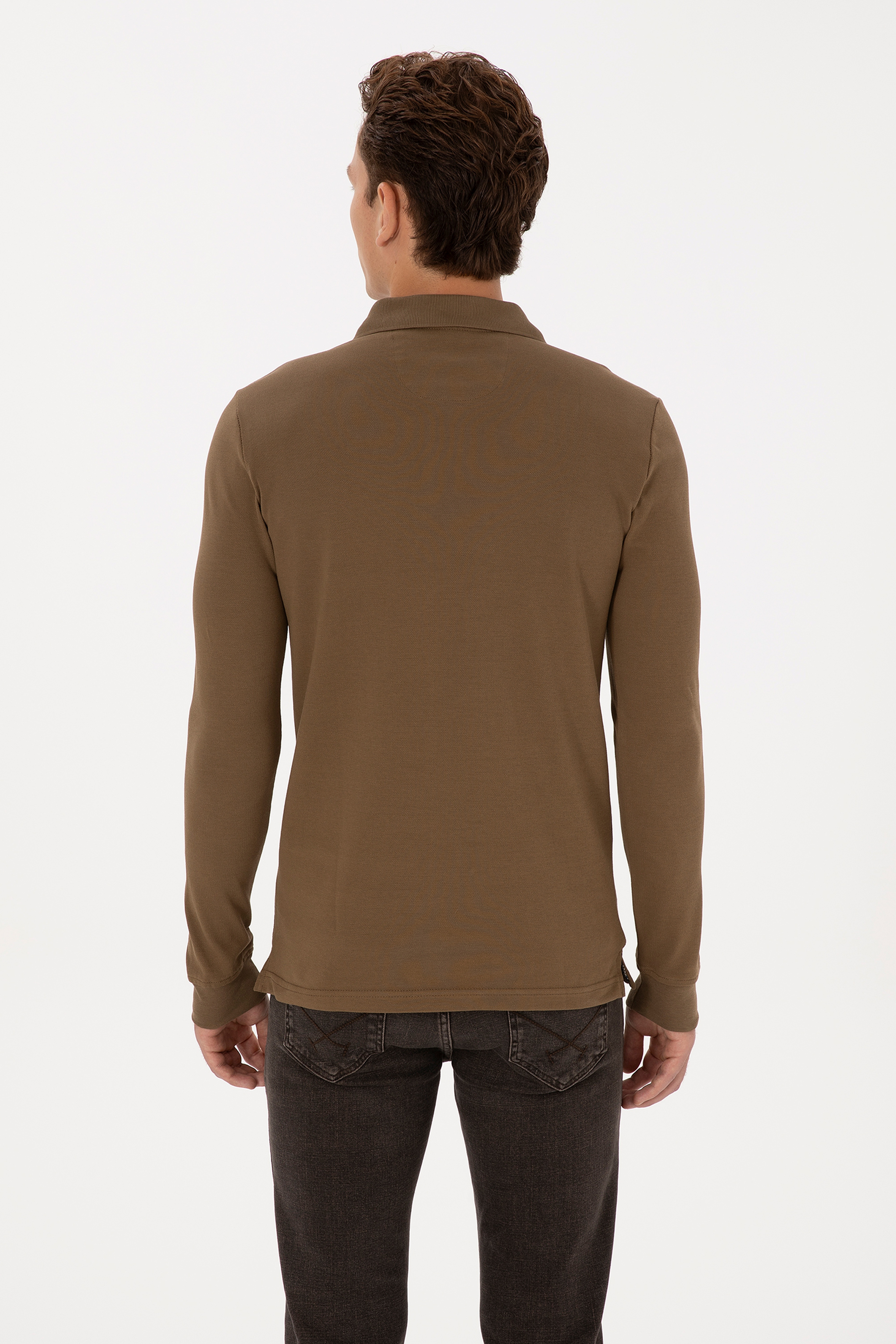Erkek Slim Fit Polo Yaka Haki Basic Sweatshirt - Image 5