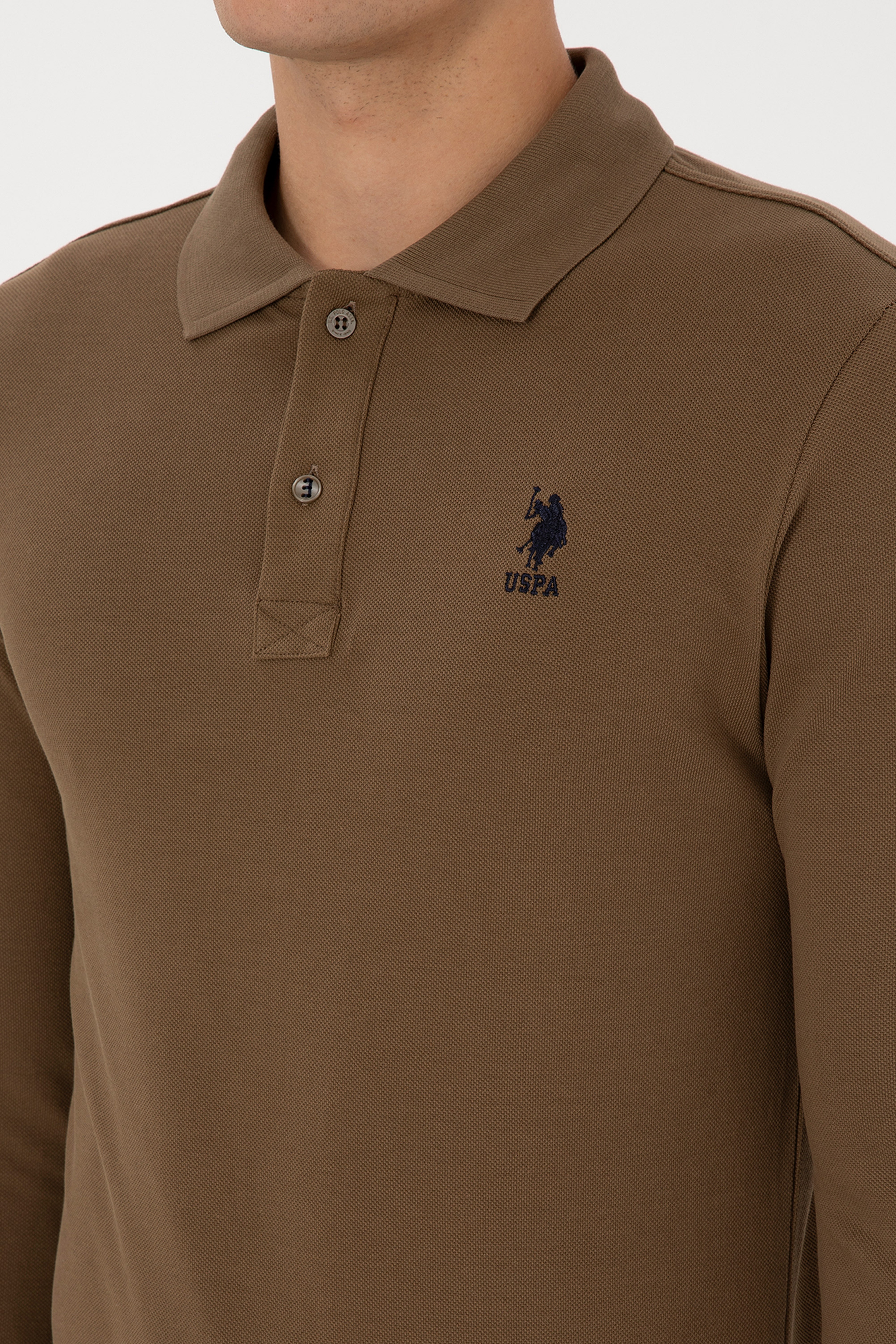 Erkek Slim Fit Polo Yaka Haki Basic Sweatshirt - Image 7