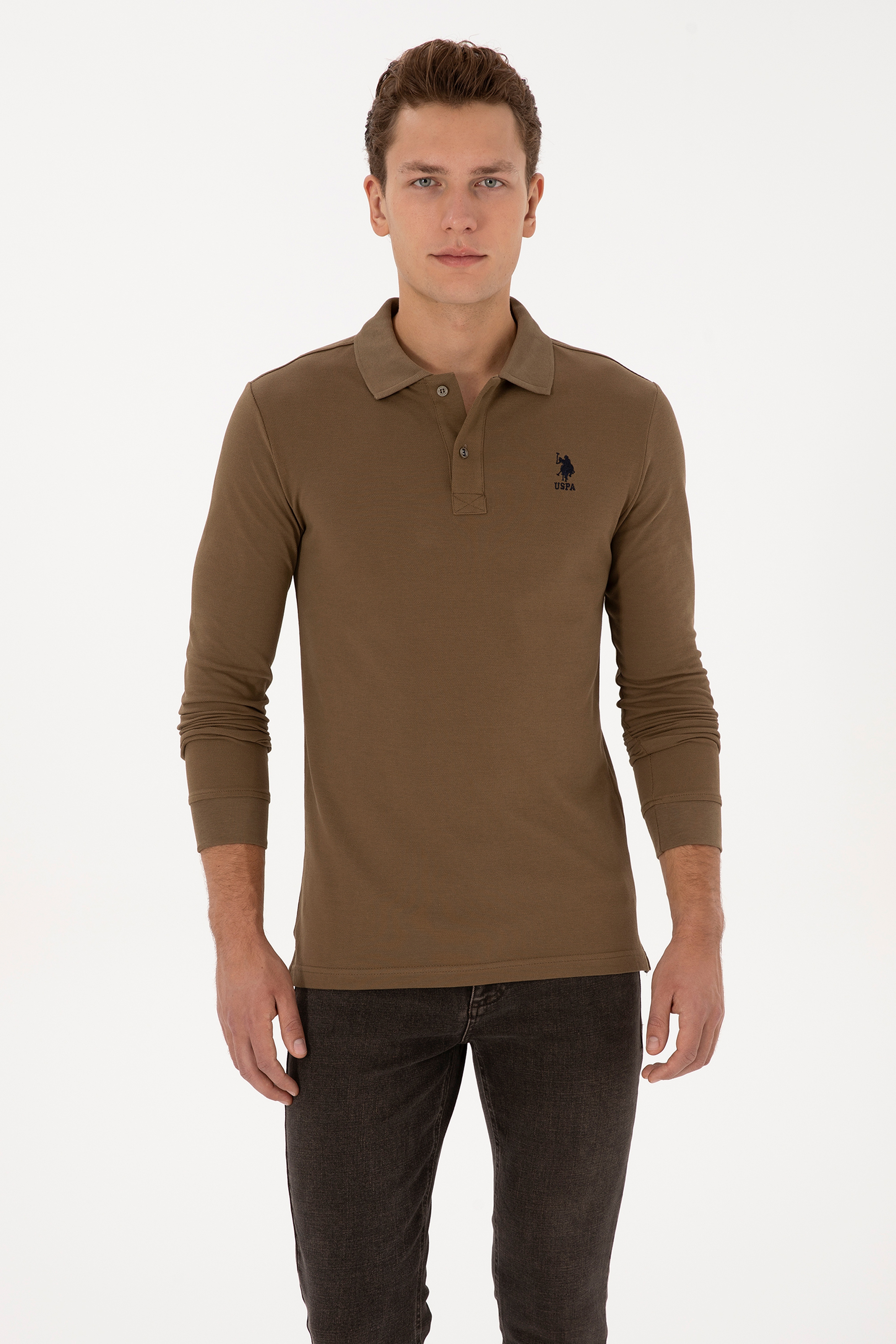Erkek Slim Fit Polo Yaka Haki Basic Sweatshirt