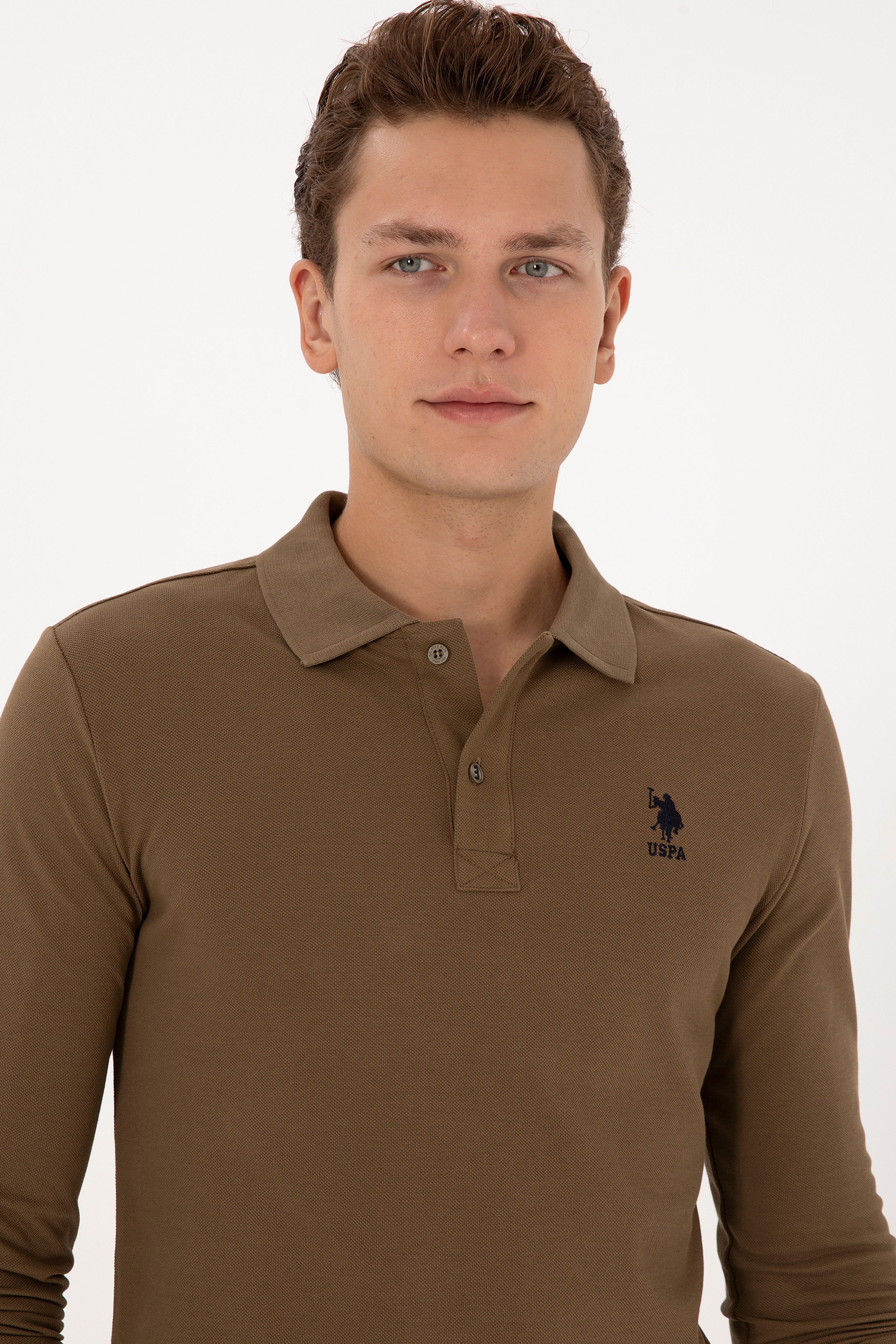 Erkek Slim Fit Polo Yaka Haki Basic Sweatshirt - Image 2