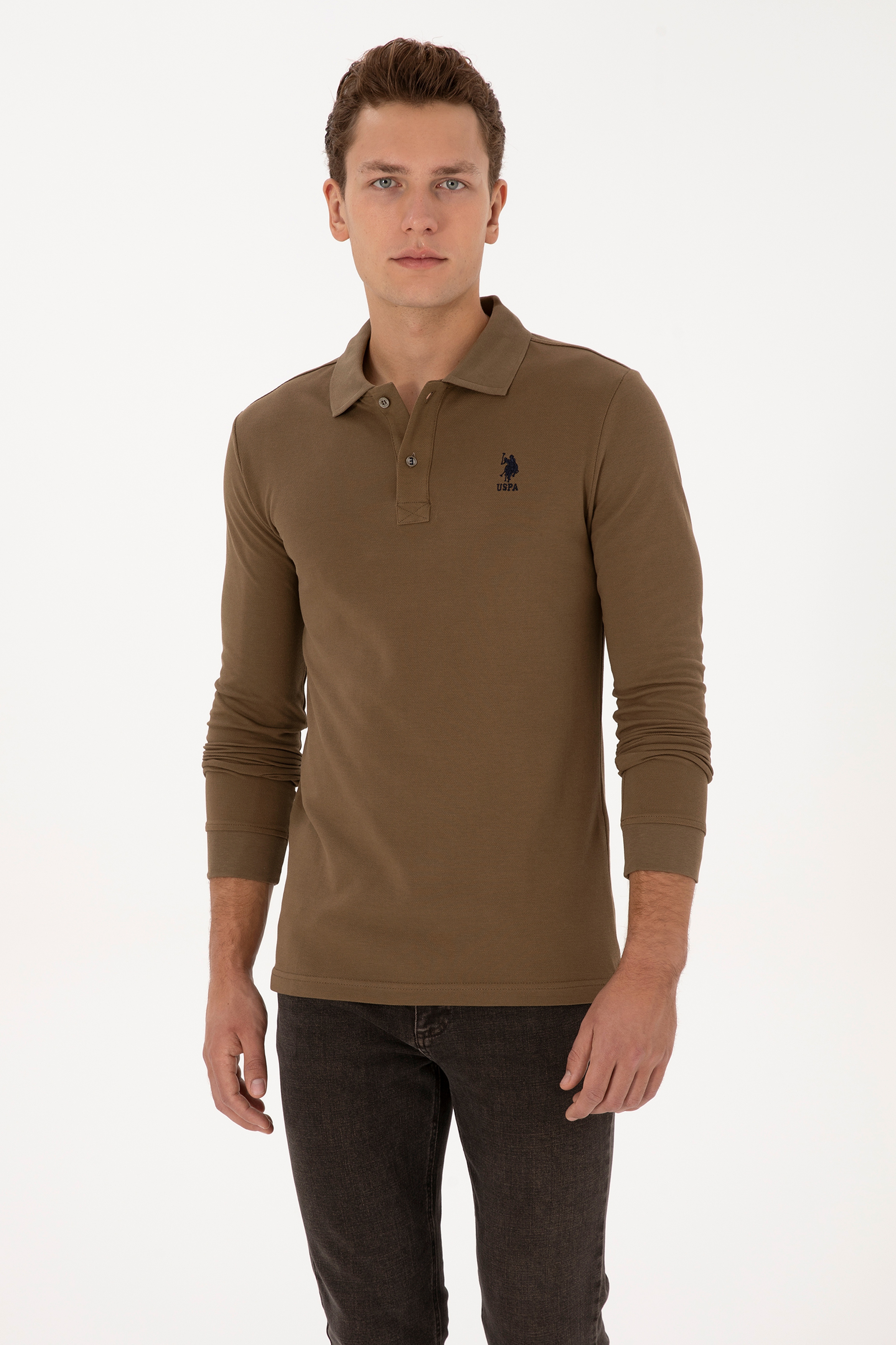 Erkek Slim Fit Polo Yaka Haki Basic Sweatshirt