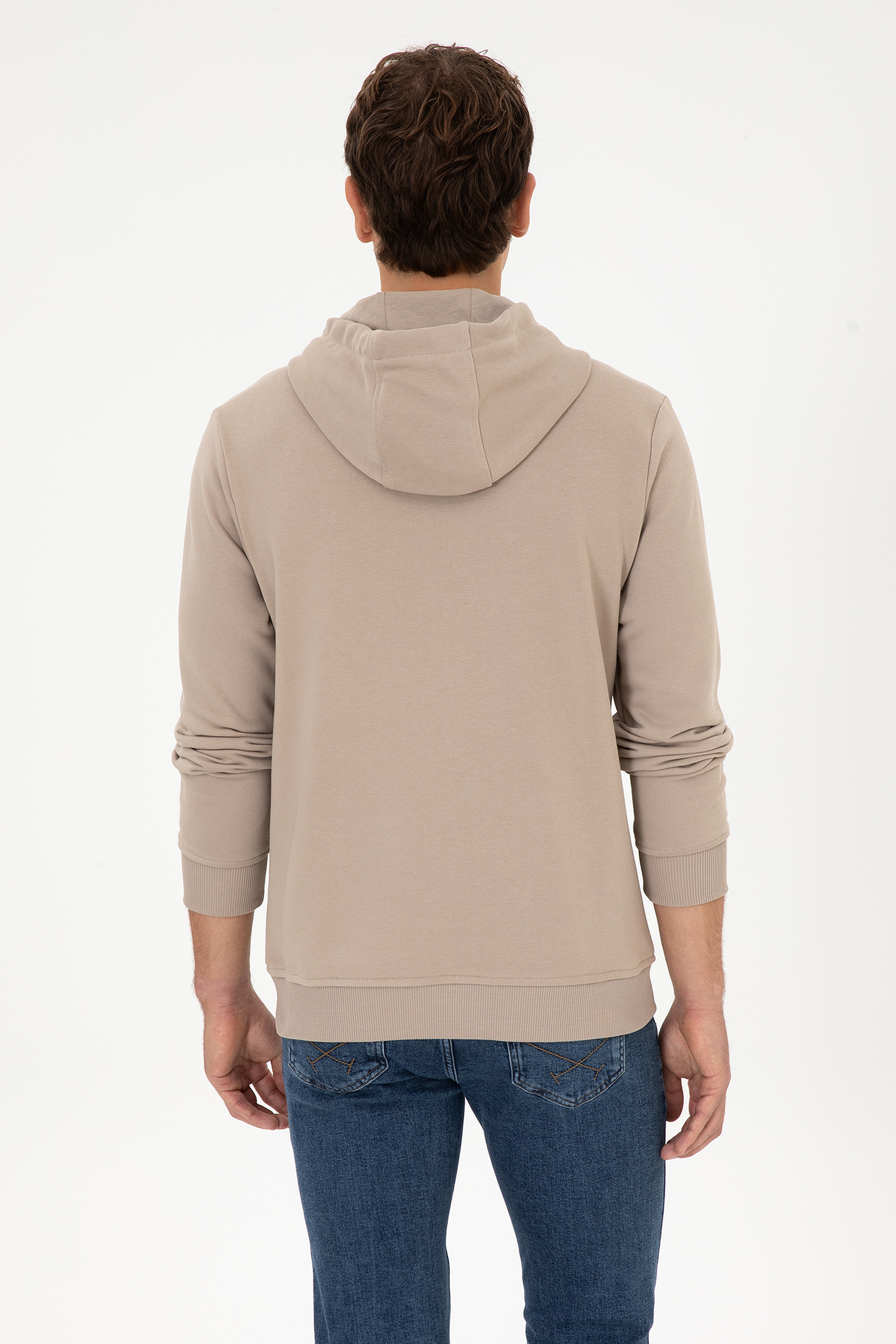 Erkek Regular Fit Kapüşonlu Koyu Bej Basic Sweatshirt - Image 5