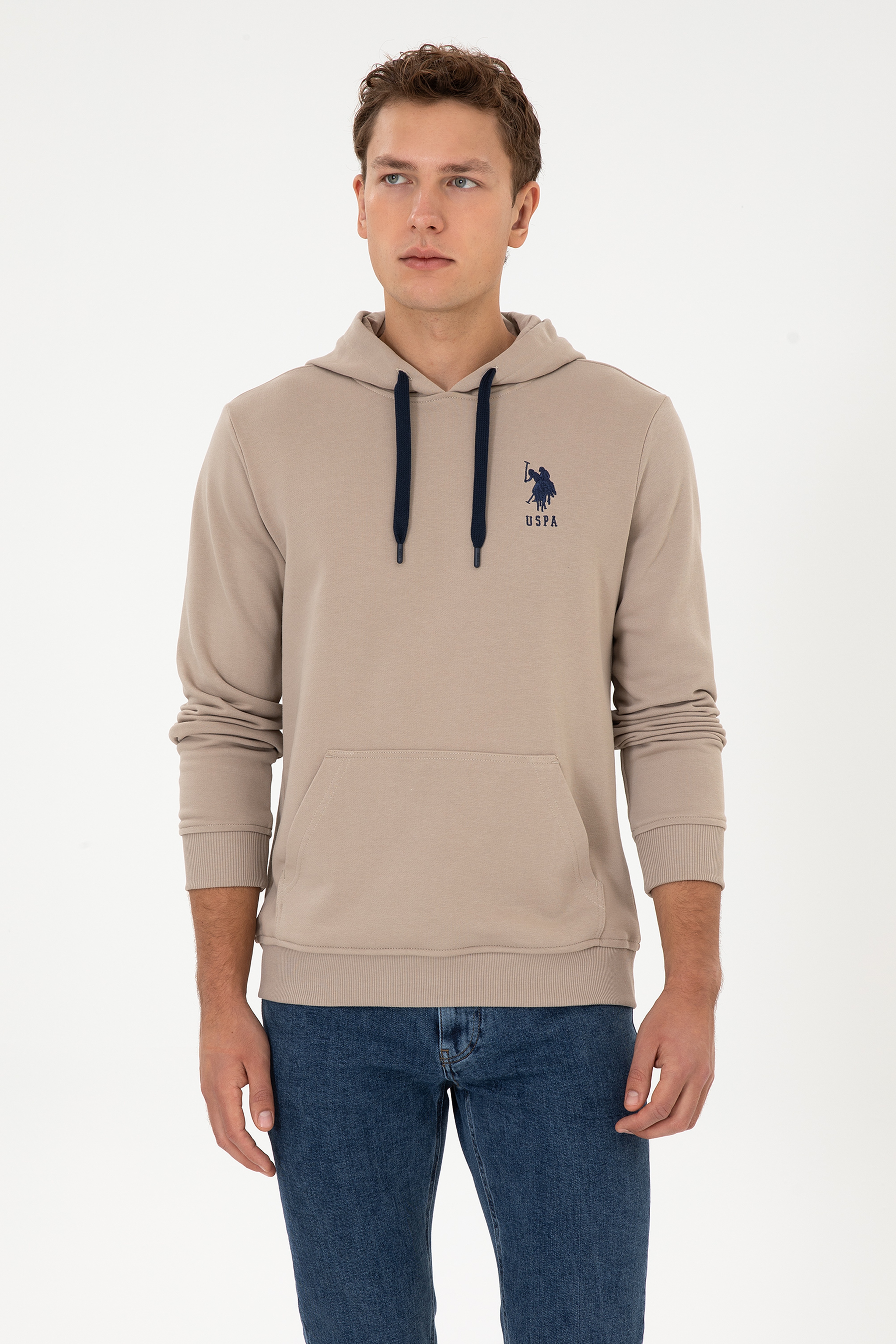 Erkek Regular Fit Kapüşonlu Koyu Bej Basic Sweatshirt - Image 3