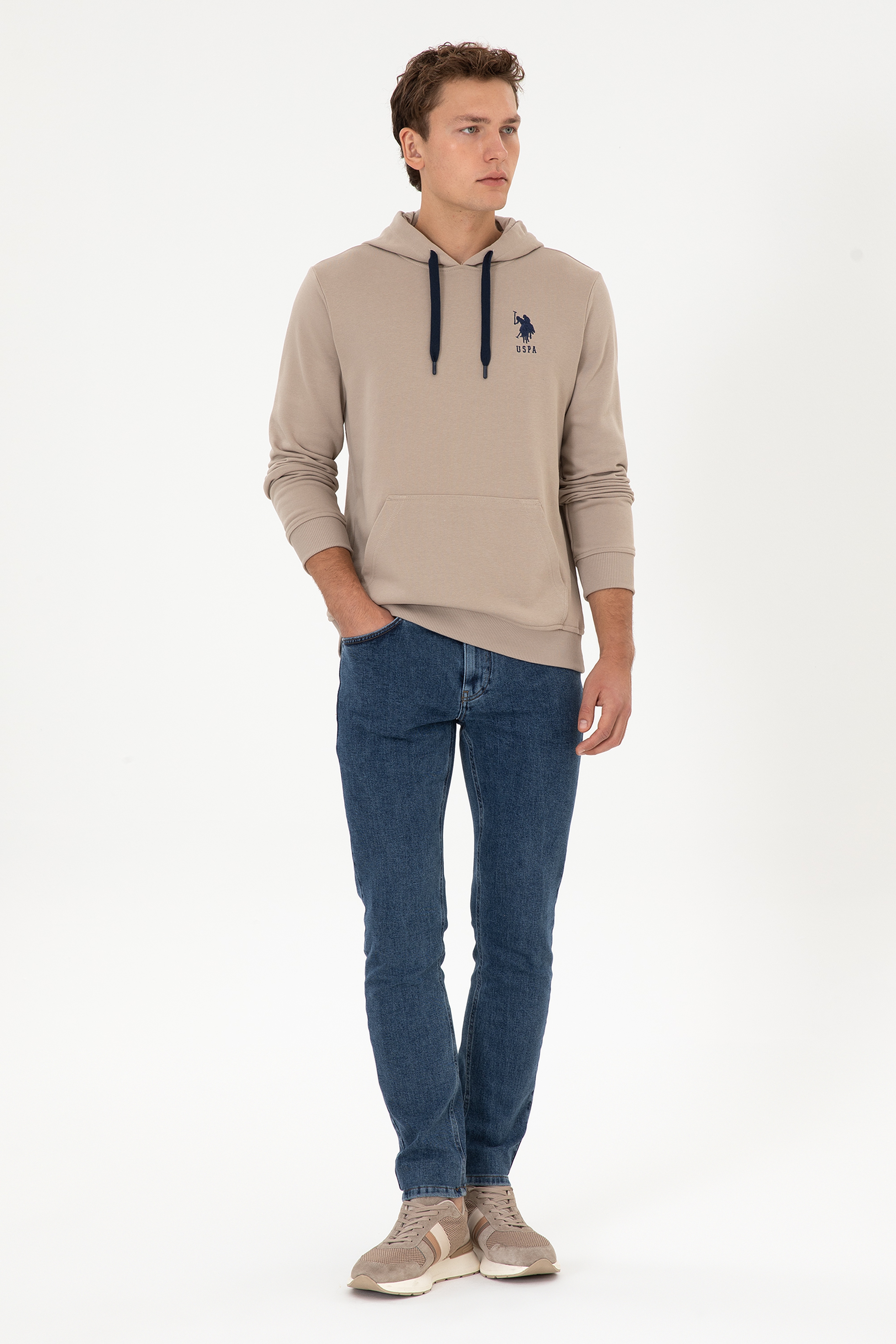 Erkek Regular Fit Kapüşonlu Koyu Bej Basic Sweatshirt - Image 4