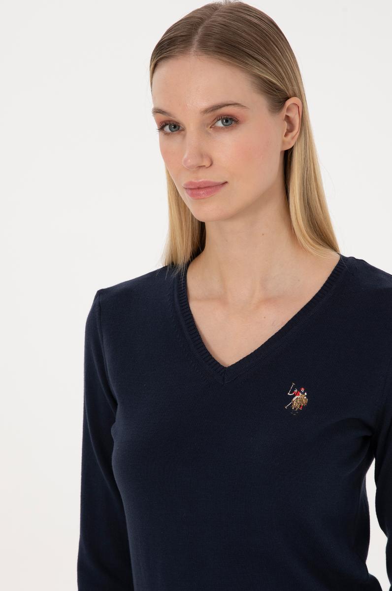 Kadın Lacivert V Yaka Basic Kazak