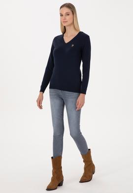 Kadın Lacivert V Yaka Basic Kazak - 50307727019
