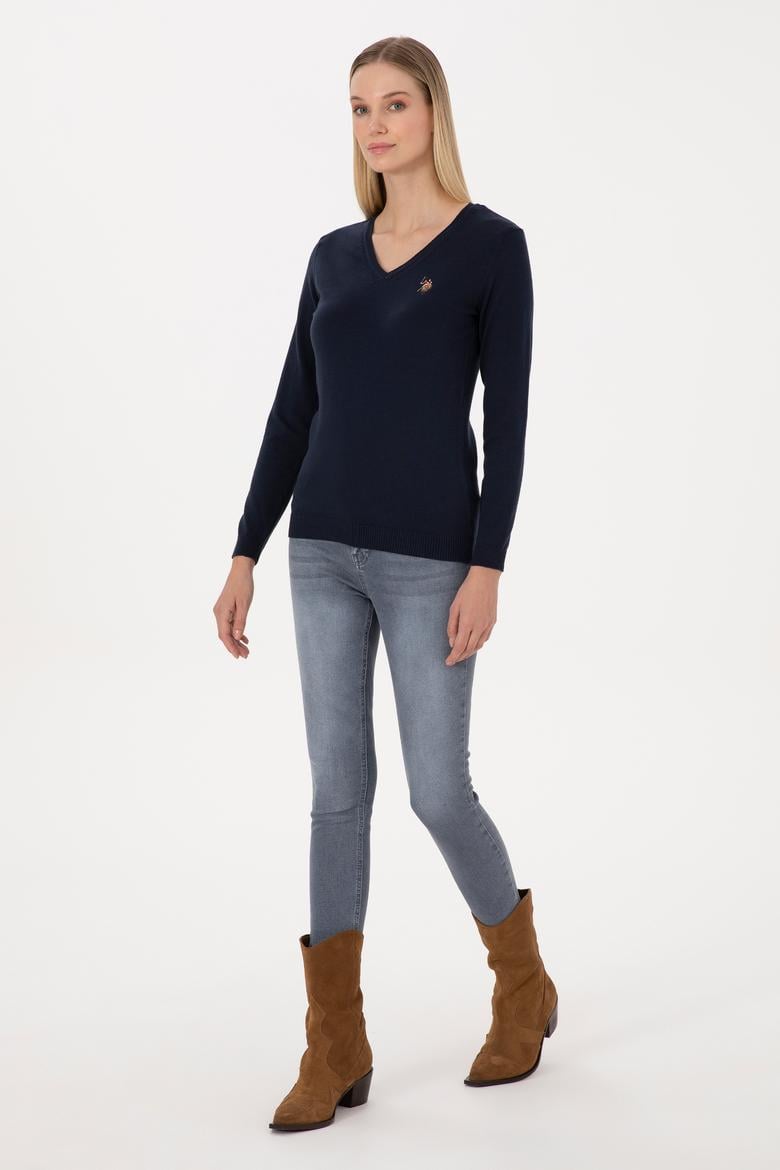 Kadın Lacivert V Yaka Basic Kazak - 50307727019