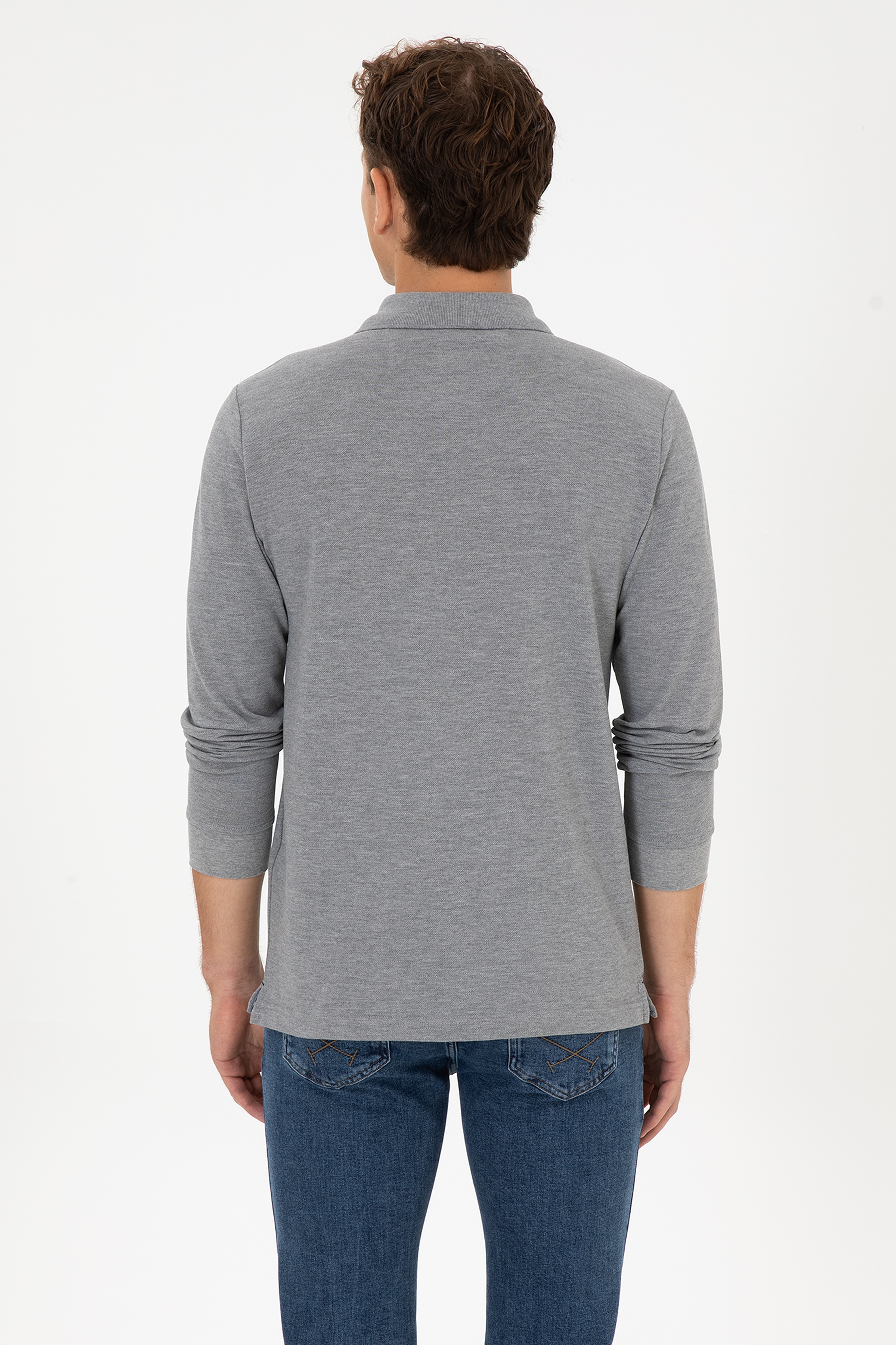 Erkek Regular Fit Polo Yaka Gri Melanj Basic Sweatshirt - Image 5