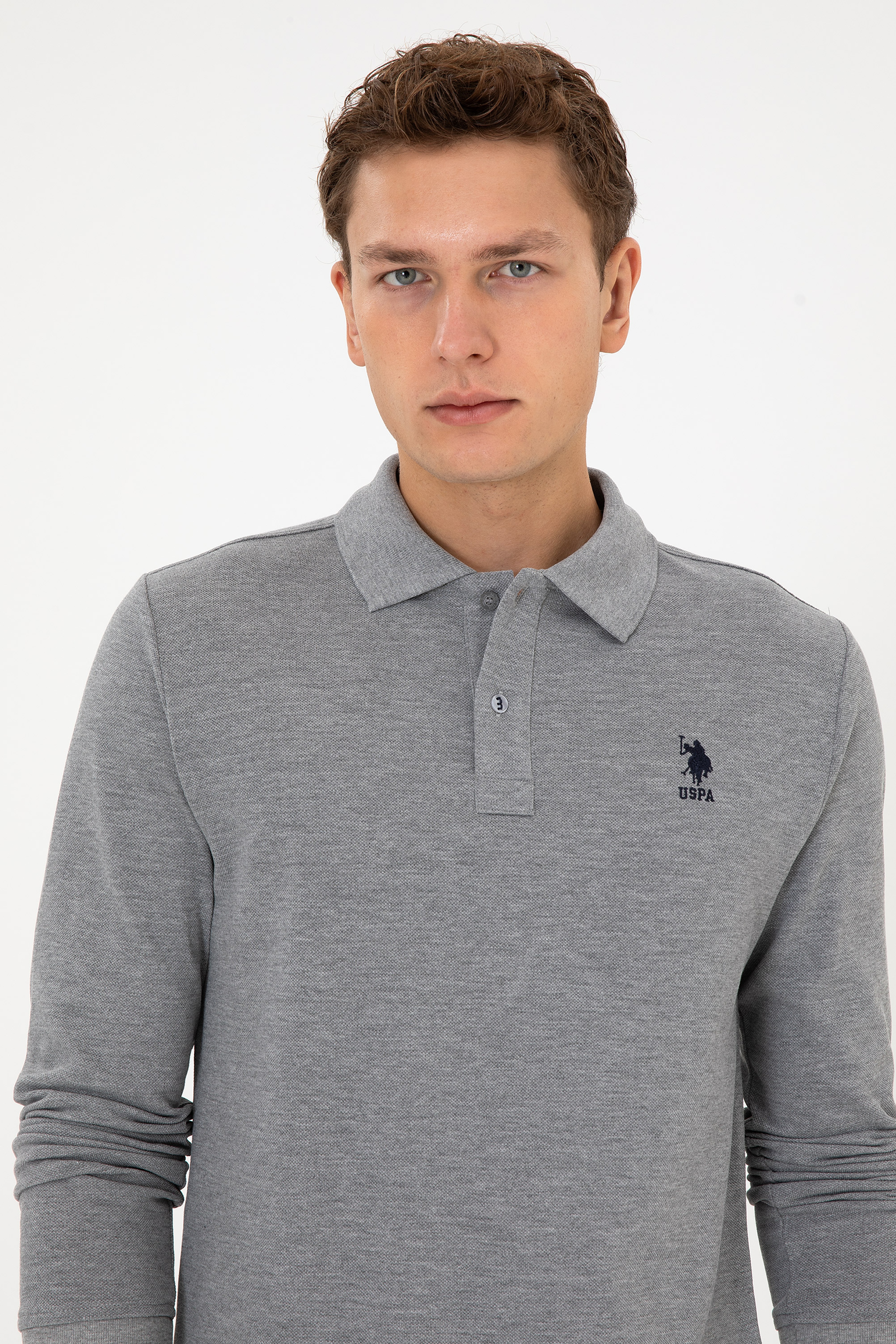 Erkek Regular Fit Polo Yaka Gri Melanj Basic Sweatshirt - Image 2
