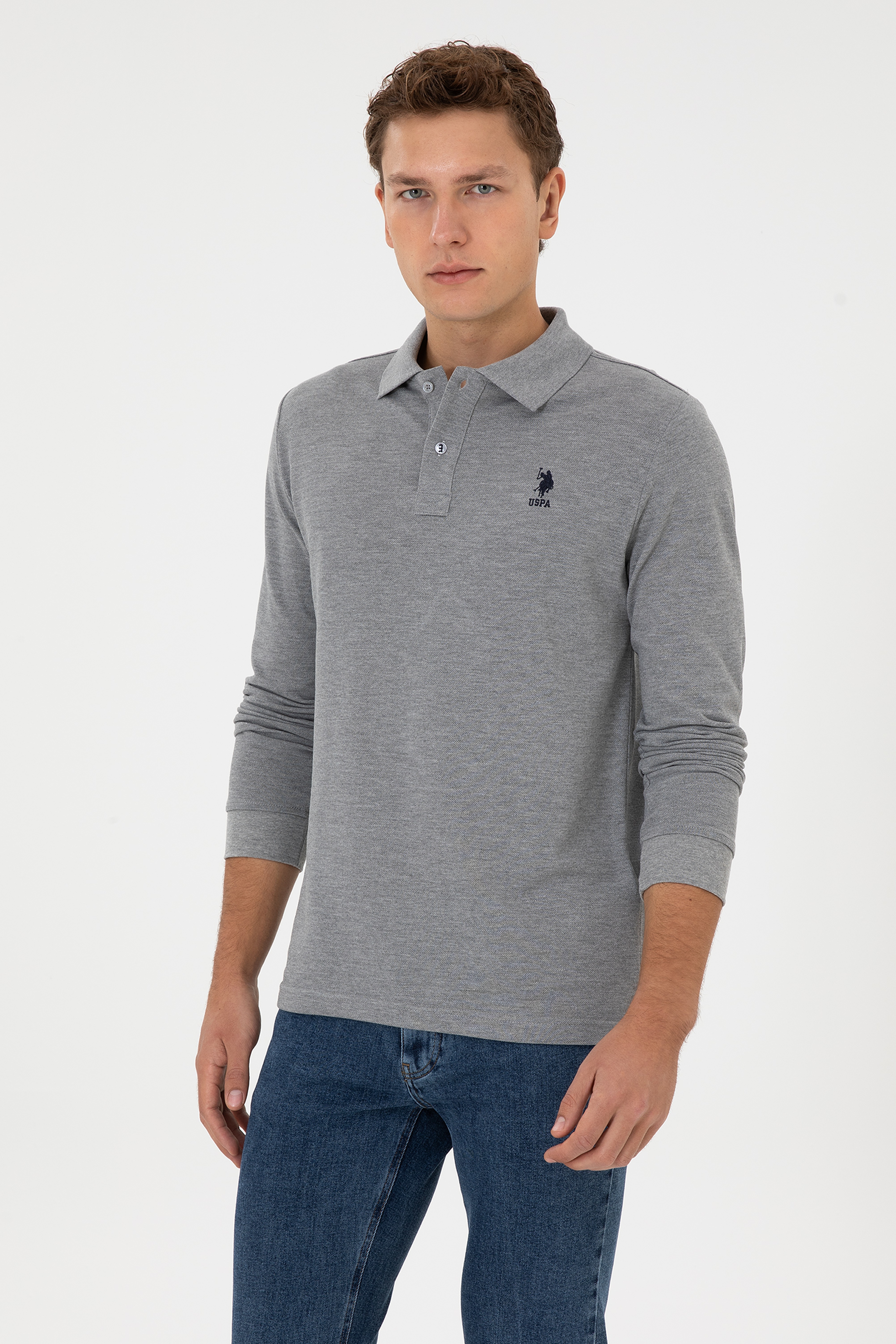 Erkek Regular Fit Polo Yaka Gri Melanj Basic Sweatshirt - Image 1