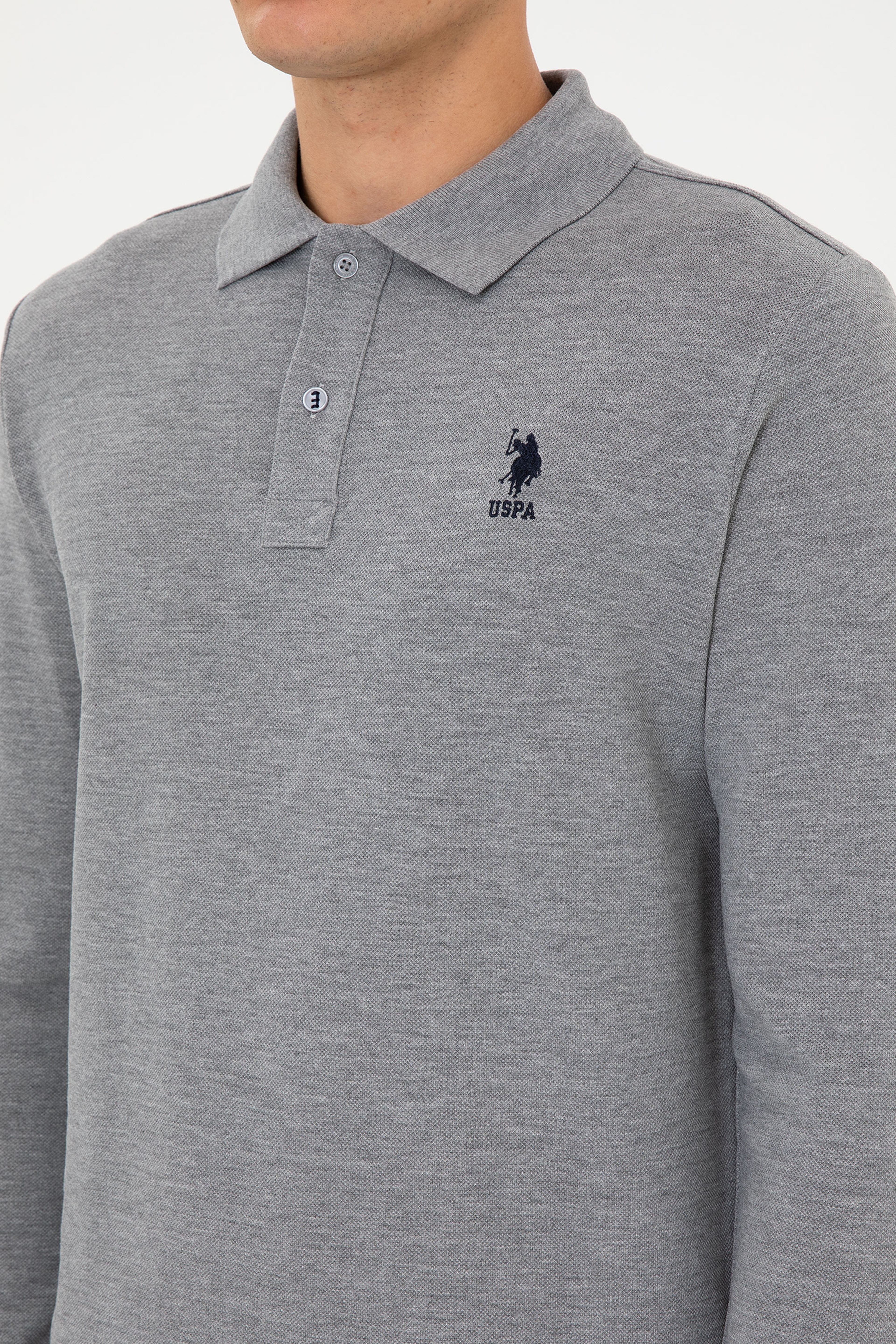 Erkek Regular Fit Polo Yaka Gri Melanj Basic Sweatshirt - Image 7