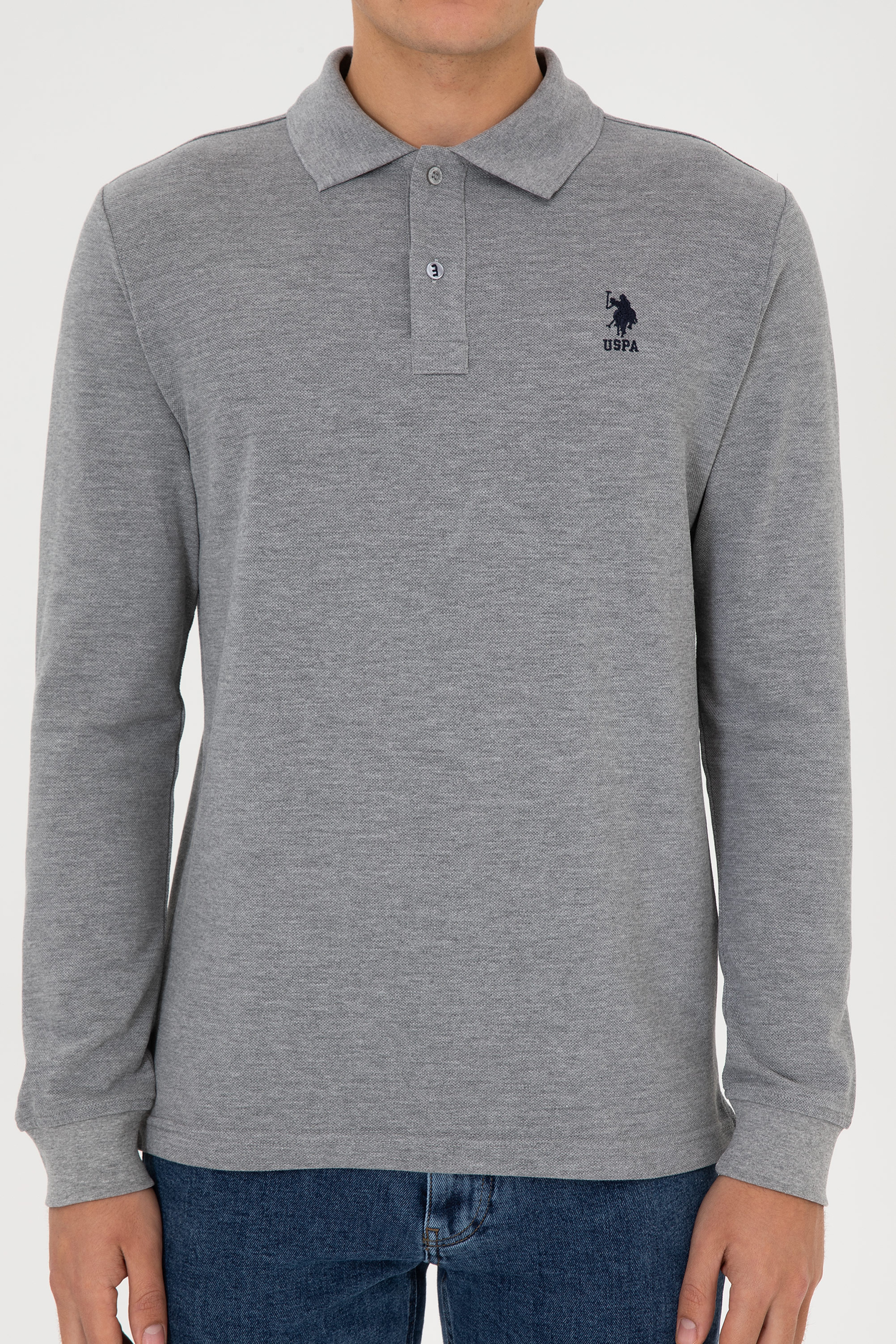 Erkek Regular Fit Polo Yaka Gri Melanj Basic Sweatshirt - Image 6