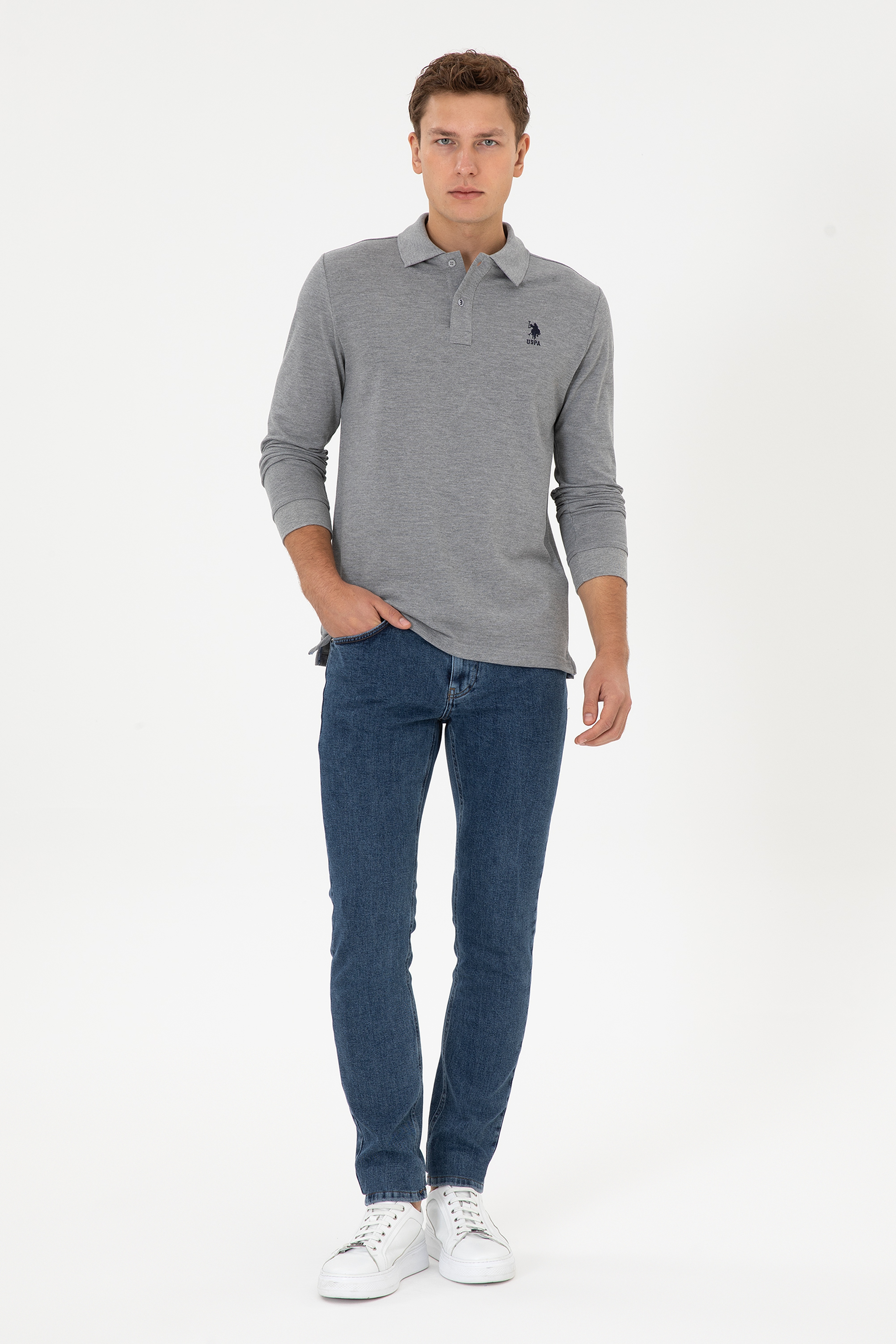 Erkek Regular Fit Polo Yaka Gri Melanj Basic Sweatshirt - Image 4