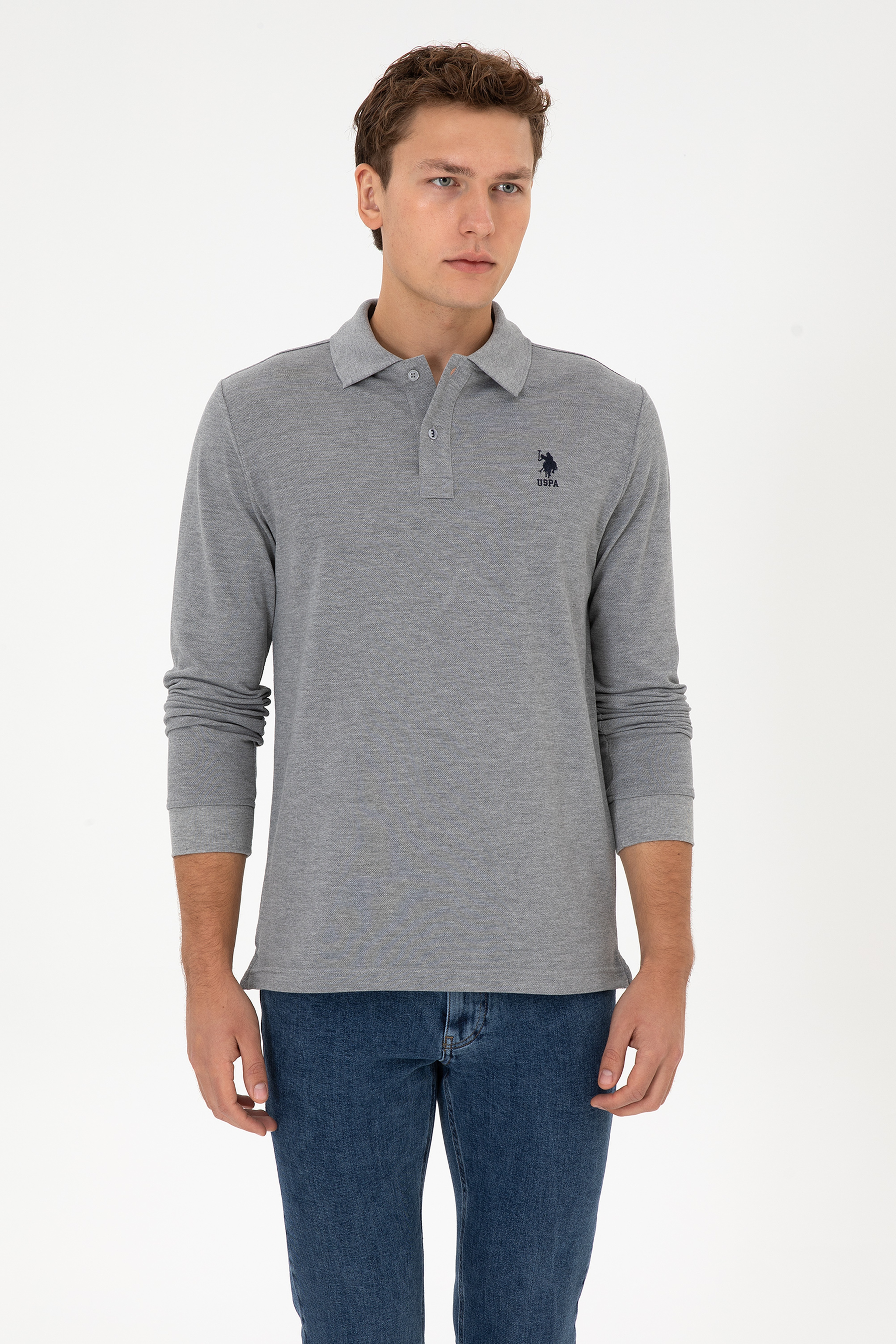Erkek Regular Fit Polo Yaka Gri Melanj Basic Sweatshirt - Image 3