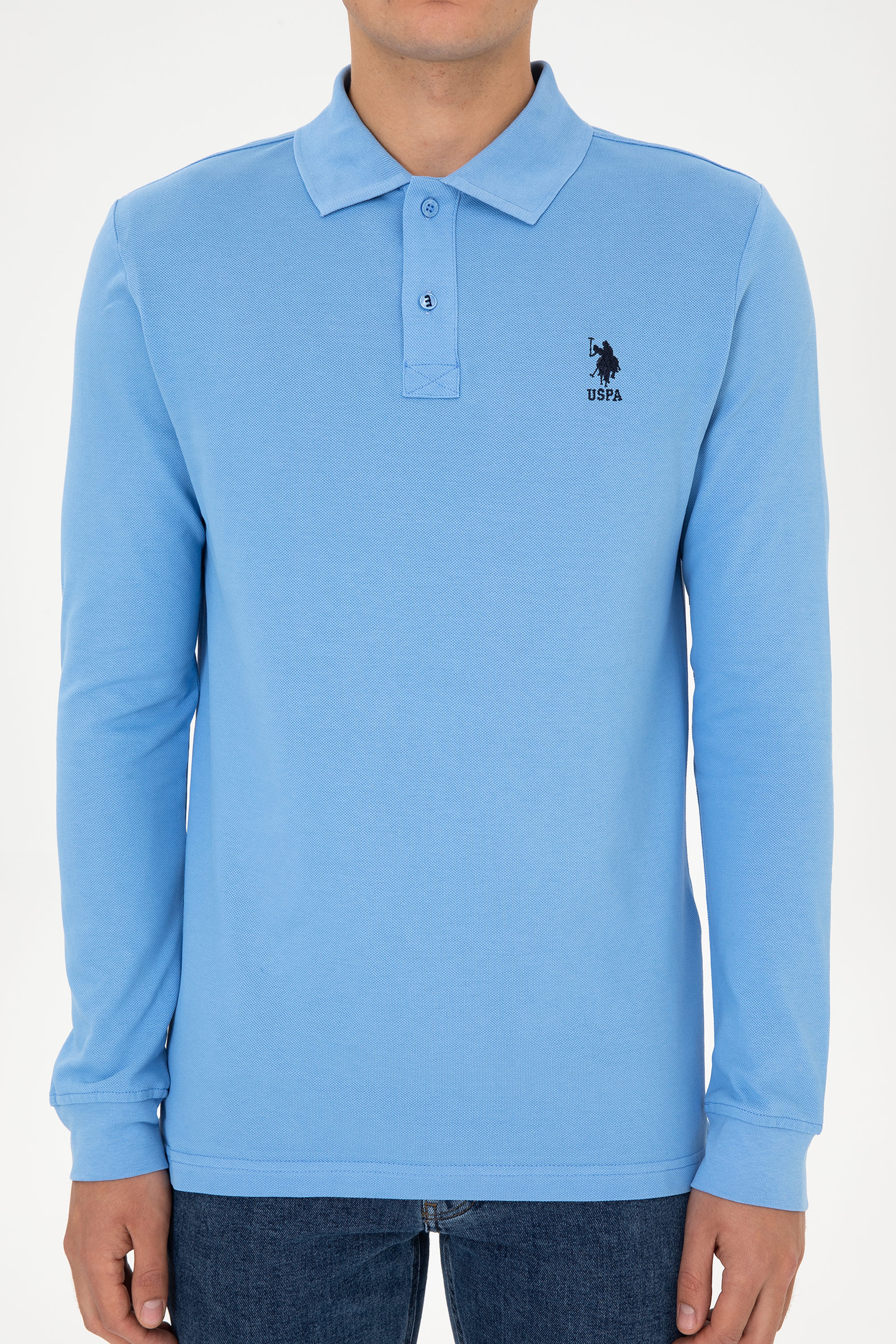 Erkek Regular Fit Polo Yaka Açık Mavi Basic Sweatshirt - Image 6