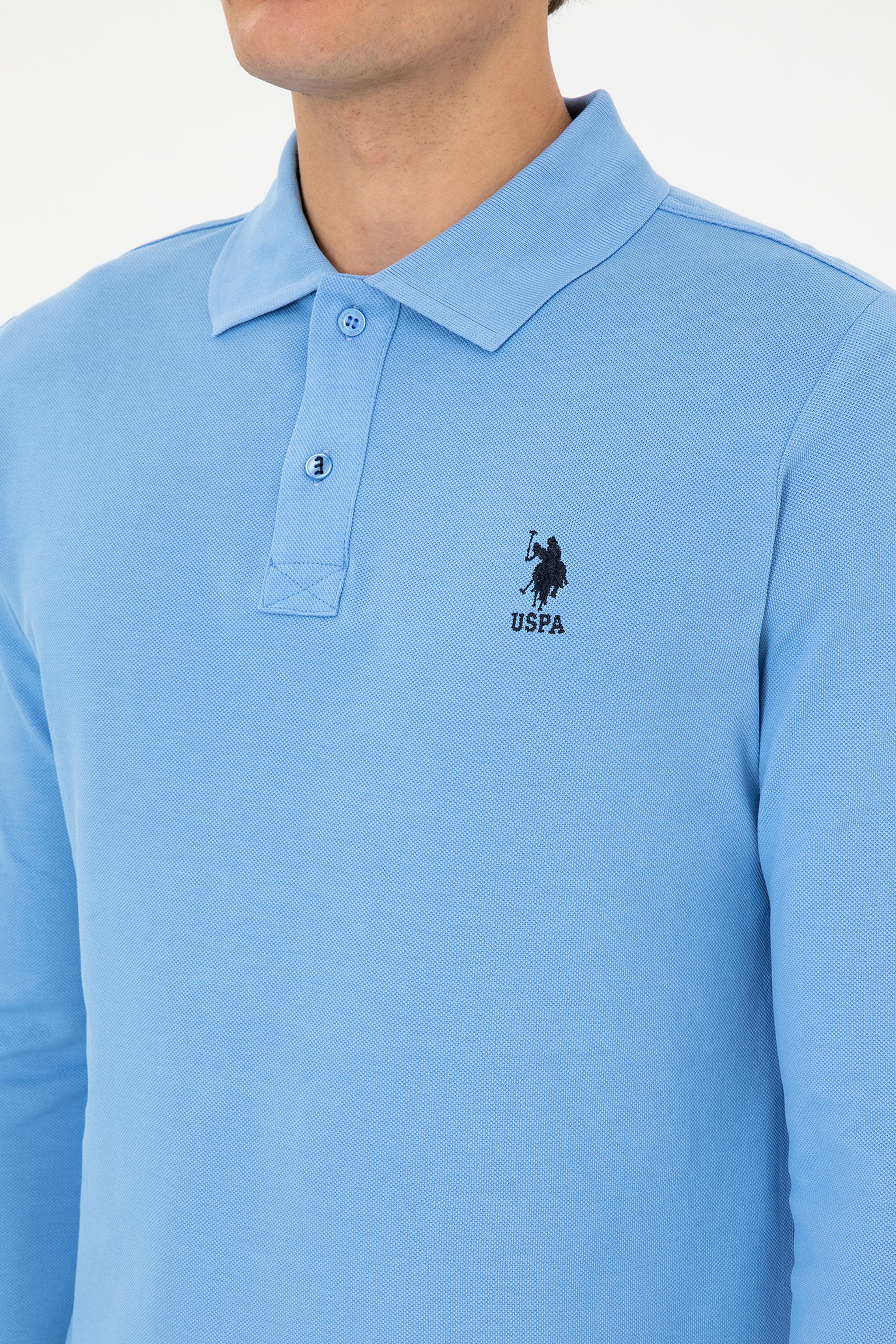 Erkek Regular Fit Polo Yaka Açık Mavi Basic Sweatshirt