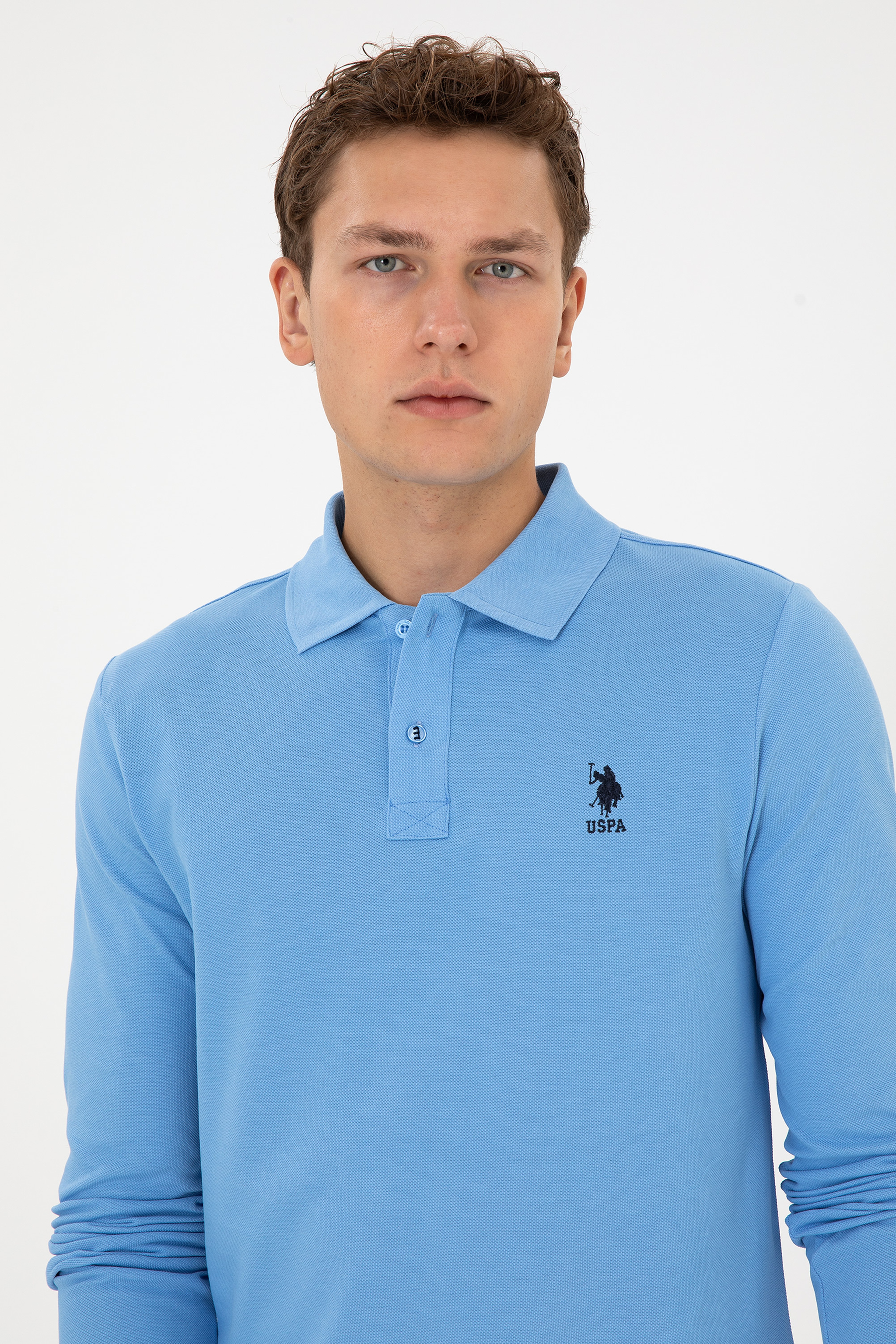 Erkek Regular Fit Polo Yaka Açık Mavi Basic Sweatshirt