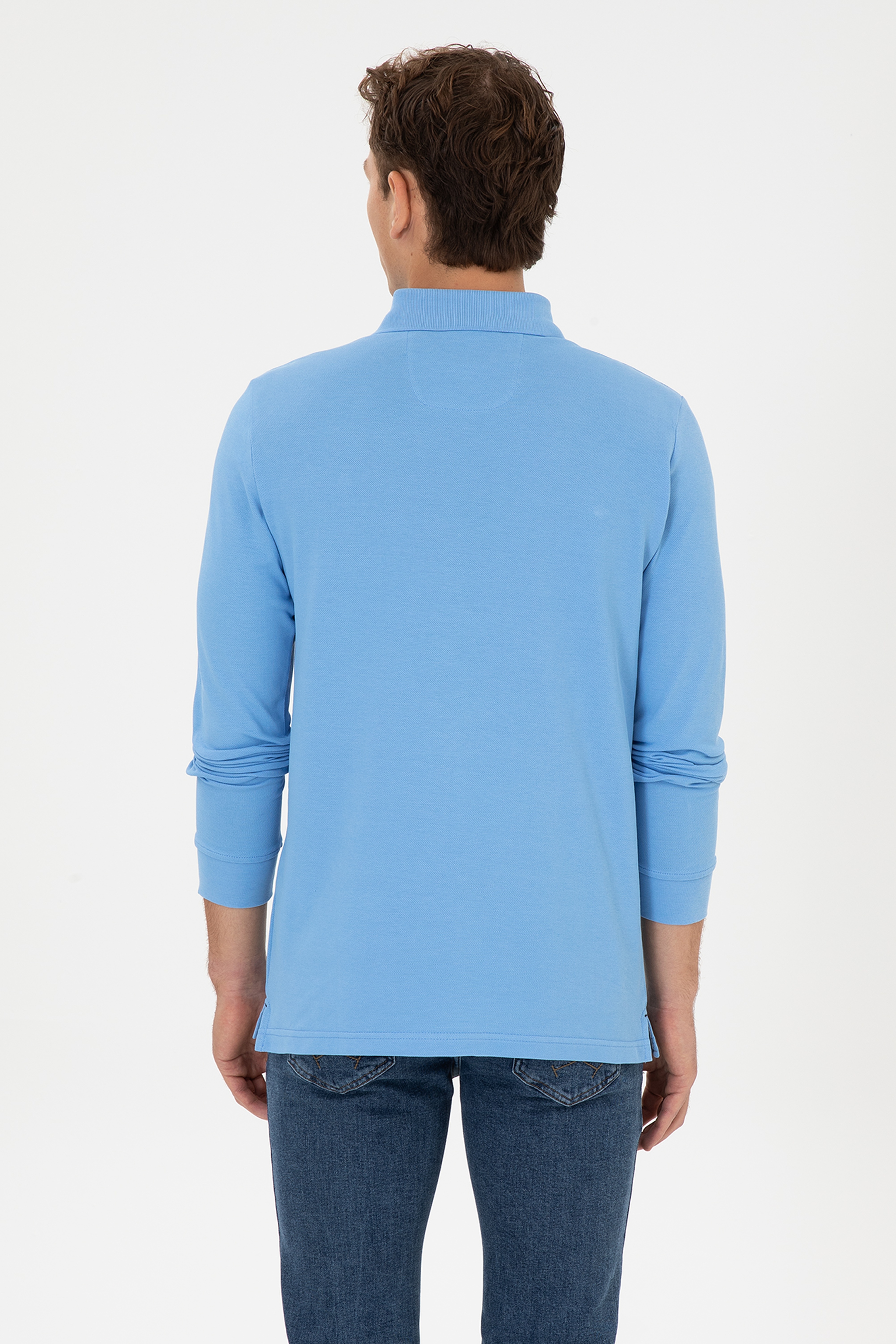 Erkek Regular Fit Polo Yaka Açık Mavi Basic Sweatshirt - Image 5