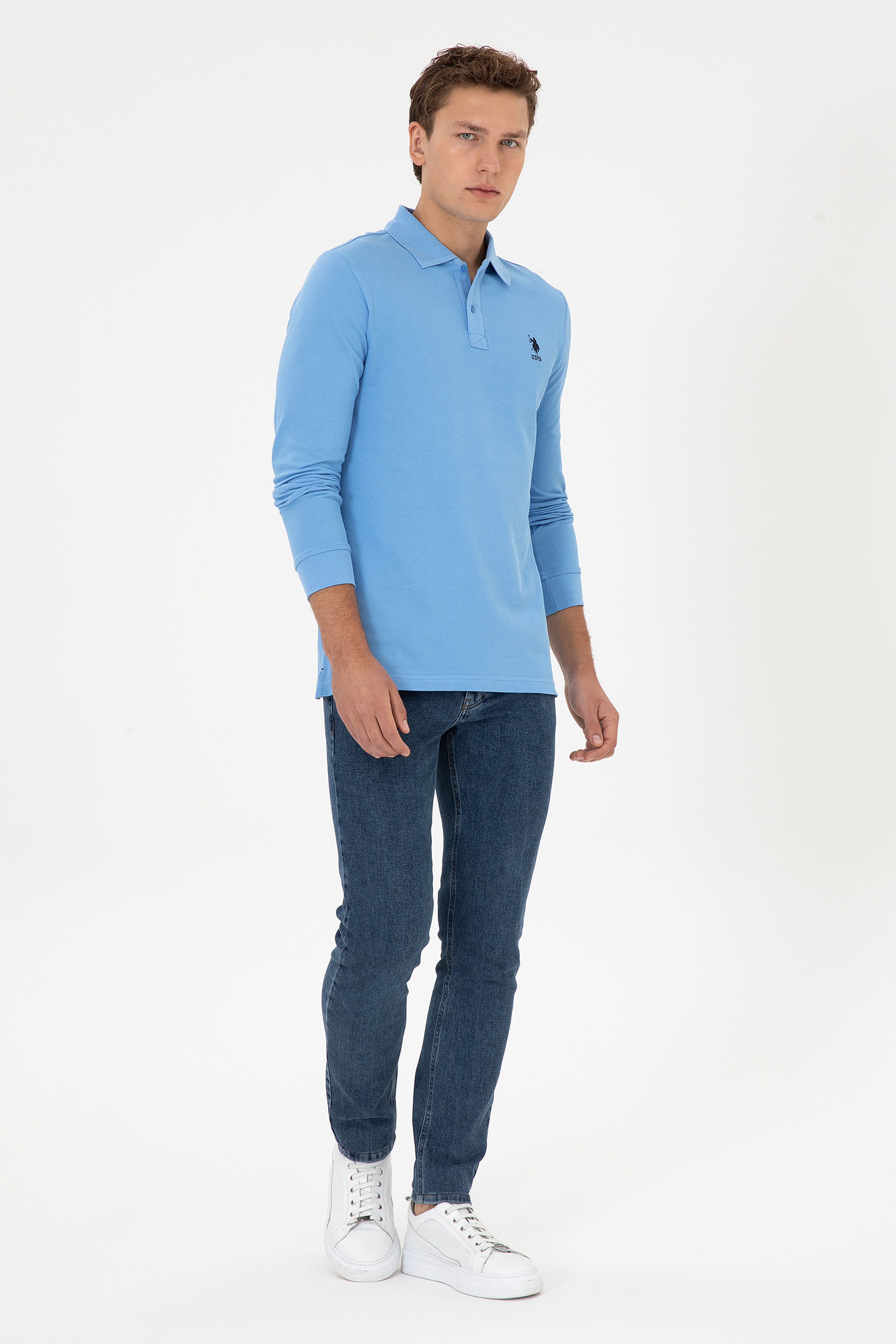 Erkek Regular Fit Polo Yaka Açık Mavi Basic Sweatshirt