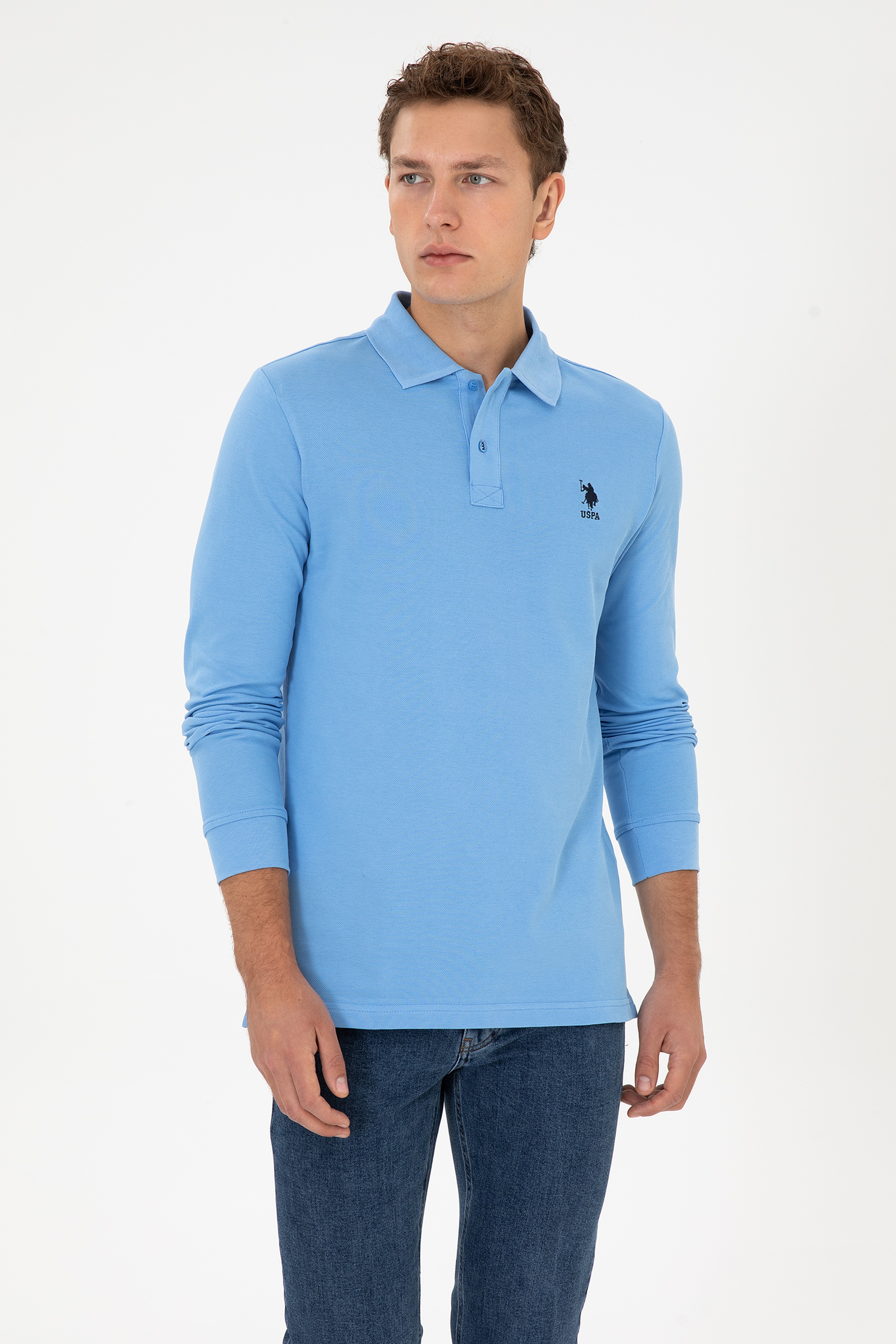 Erkek Regular Fit Polo Yaka Açık Mavi Basic Sweatshirt - Image 1