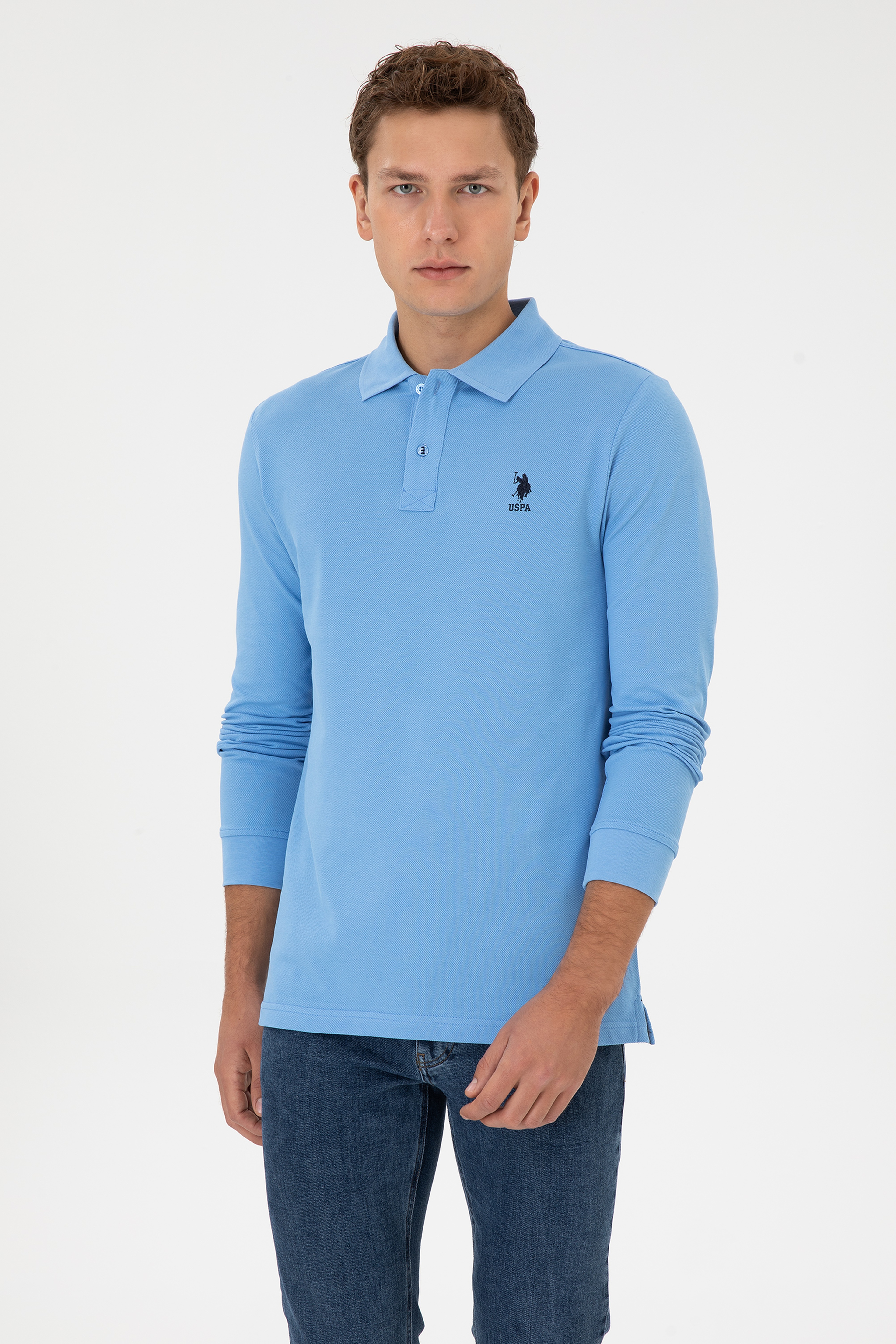 Erkek Regular Fit Polo Yaka Açık Mavi Basic Sweatshirt - Image 3