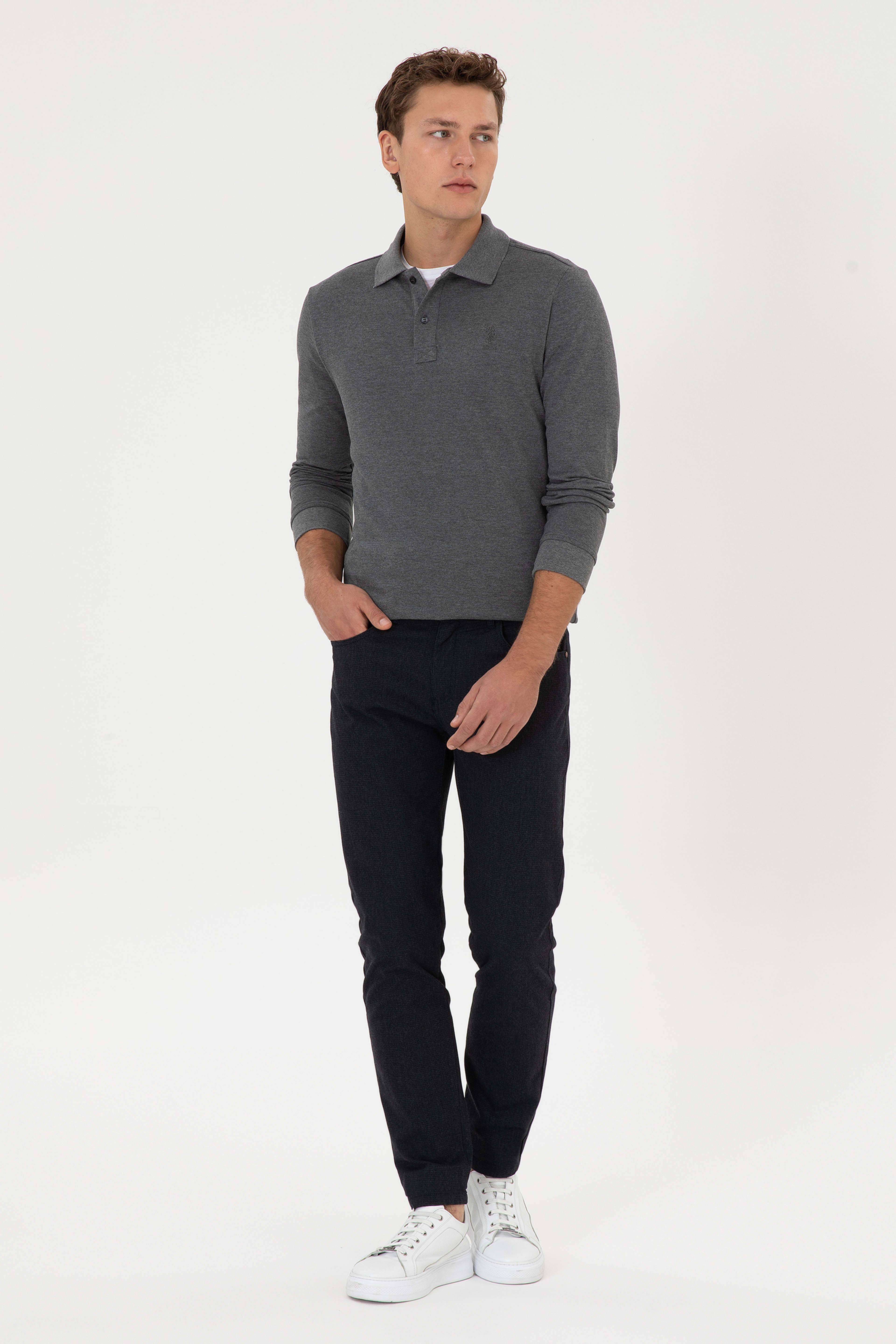 ErkekRegular Fit Polo Yaka Antrasit Melanj Basic Sweatshirt - Image 4