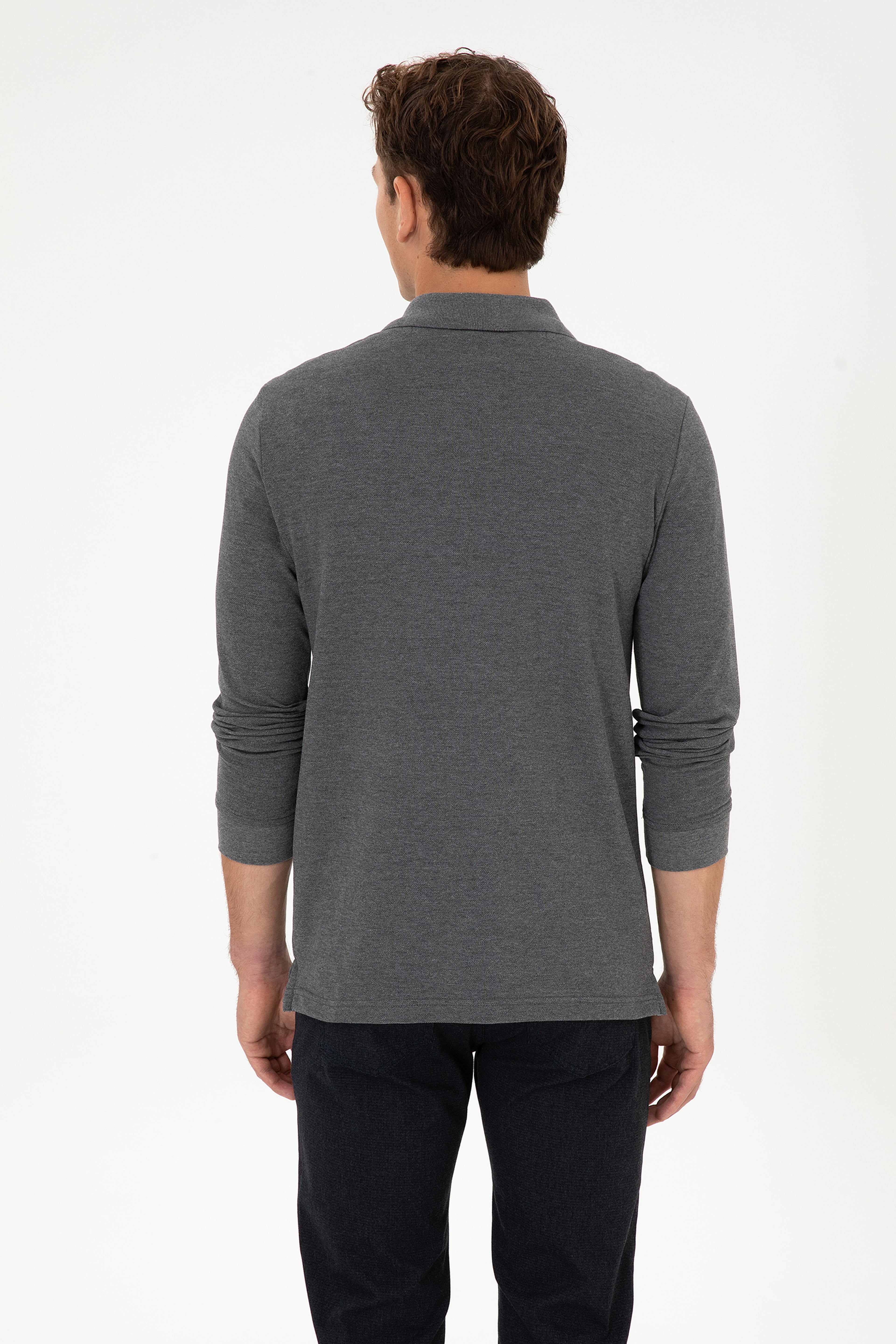 ErkekRegular Fit Polo Yaka Antrasit Melanj Basic Sweatshirt - Image 5