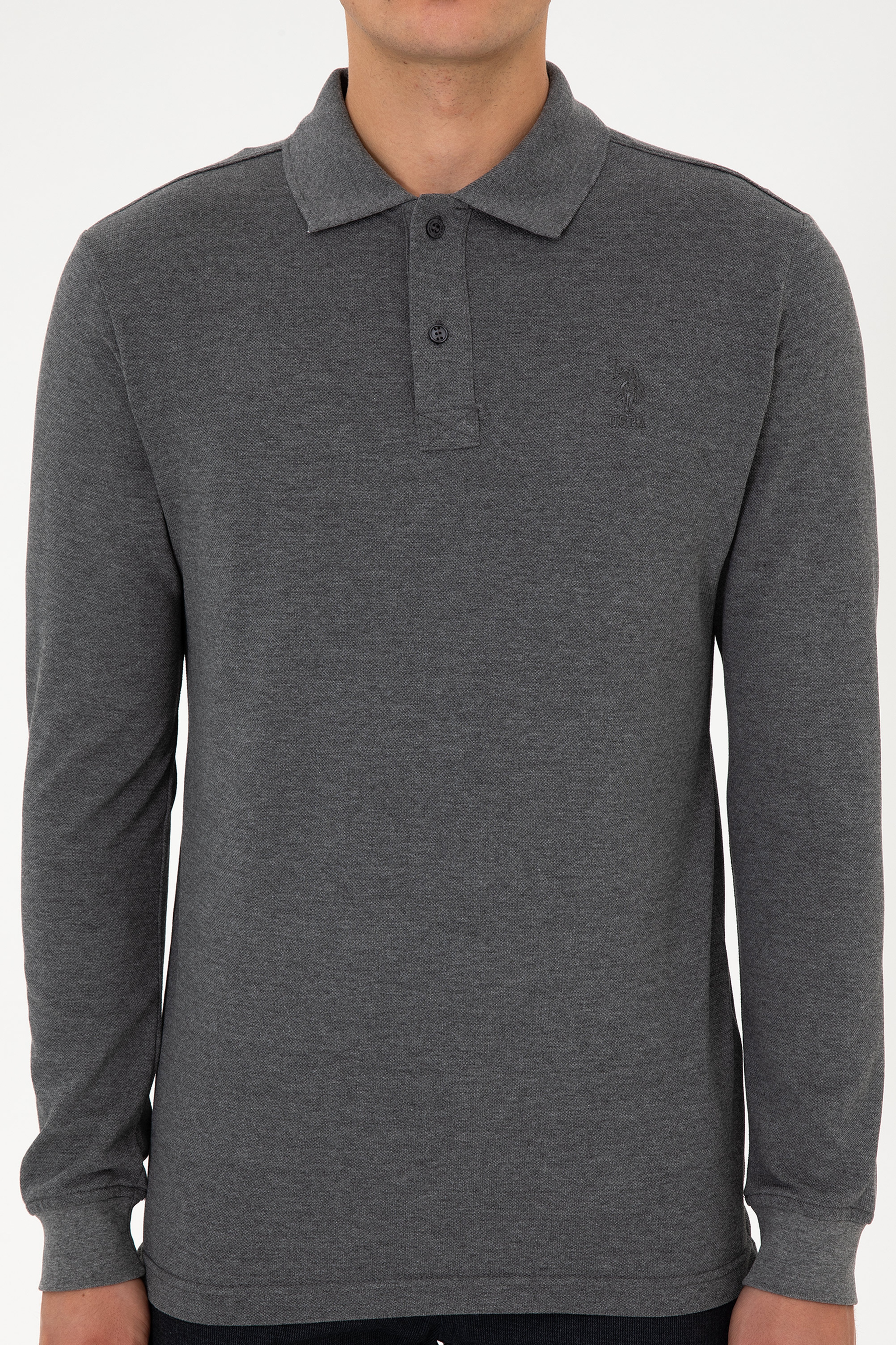 ErkekRegular Fit Polo Yaka Antrasit Melanj Basic Sweatshirt - Image 6