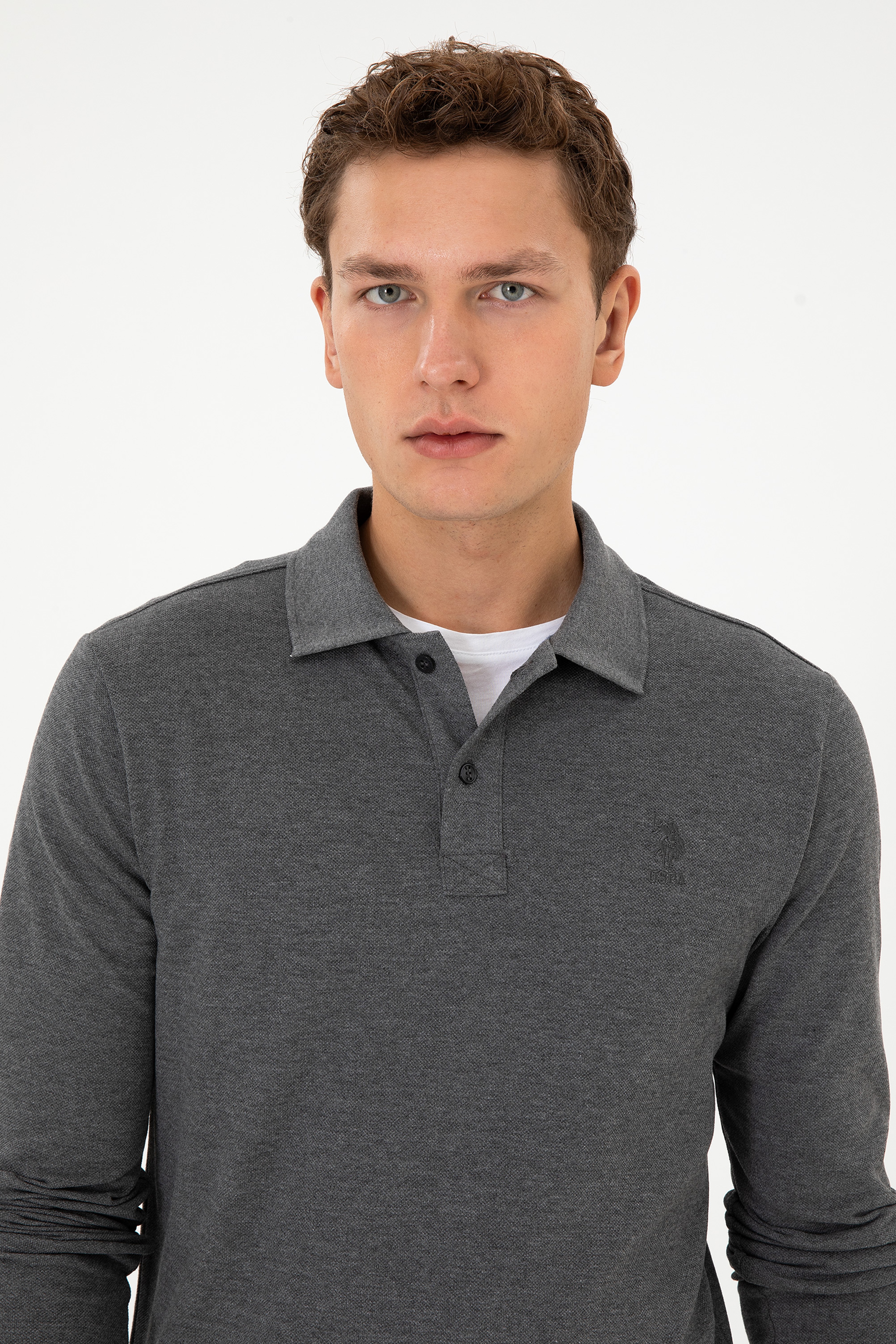 ErkekRegular Fit Polo Yaka Antrasit Melanj Basic Sweatshirt - Image 2