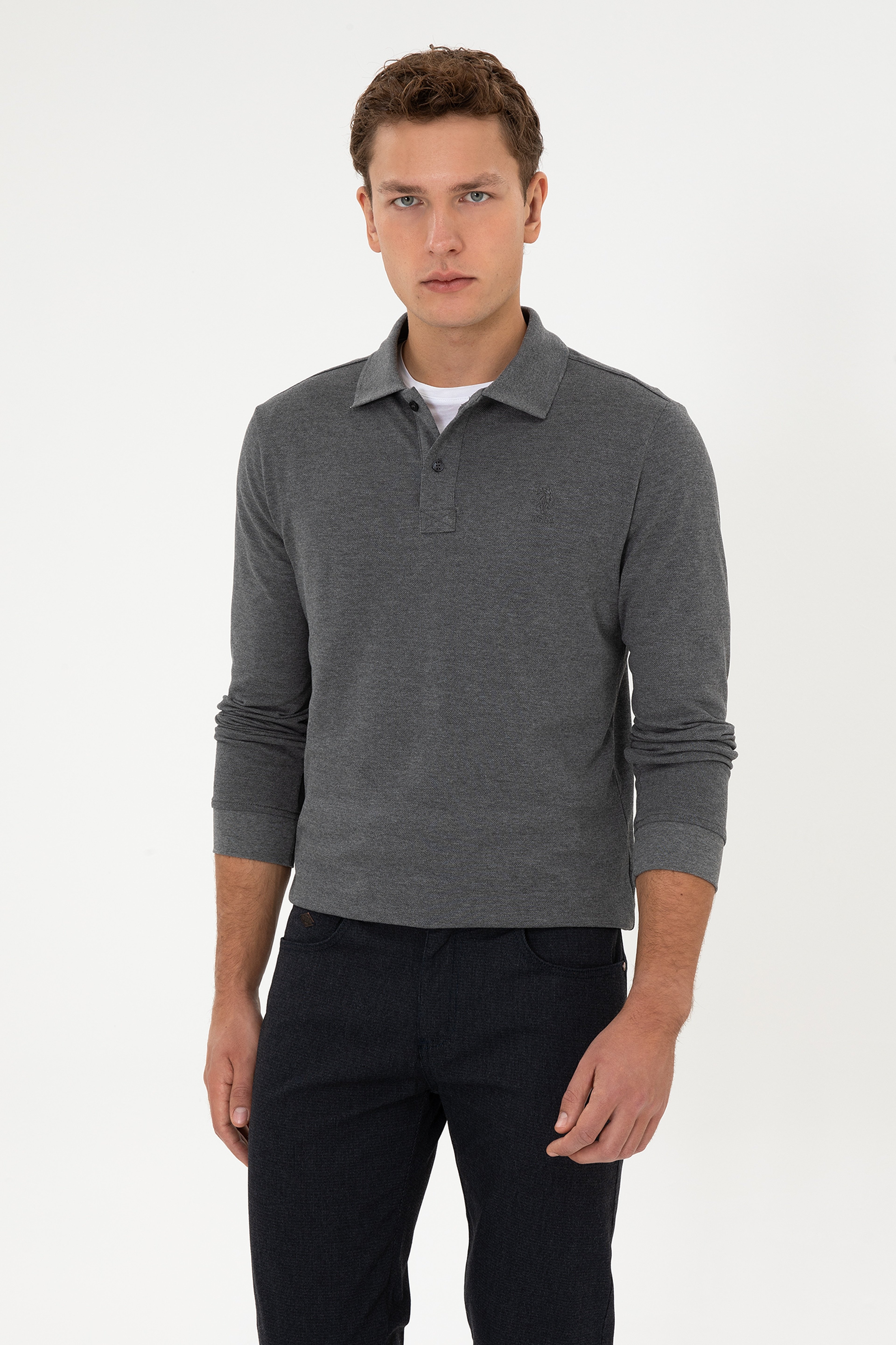 ErkekRegular Fit Polo Yaka Antrasit Melanj Basic Sweatshirt - Image 3