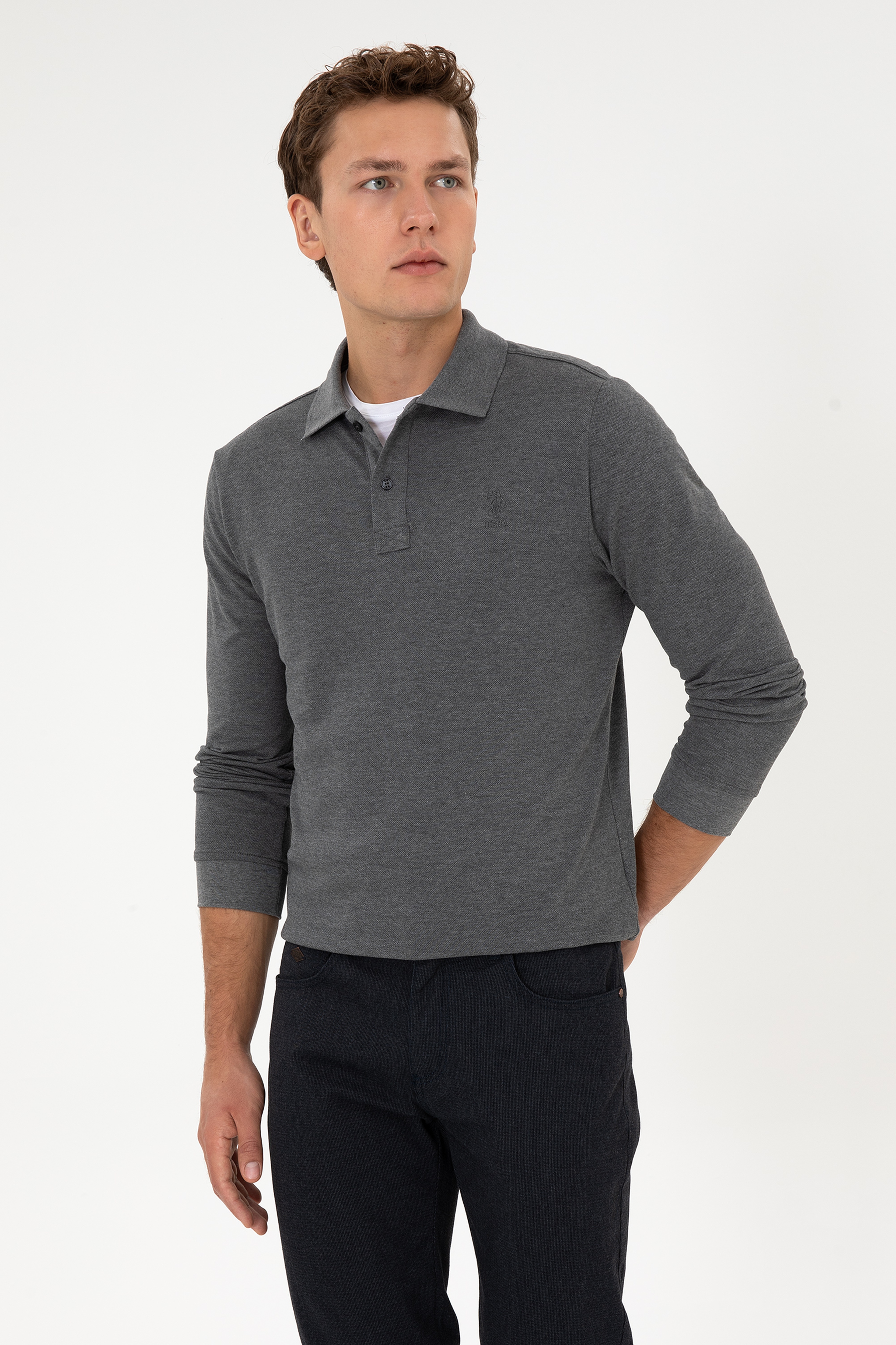 ErkekRegular Fit Polo Yaka Antrasit Melanj Basic Sweatshirt - Image 1