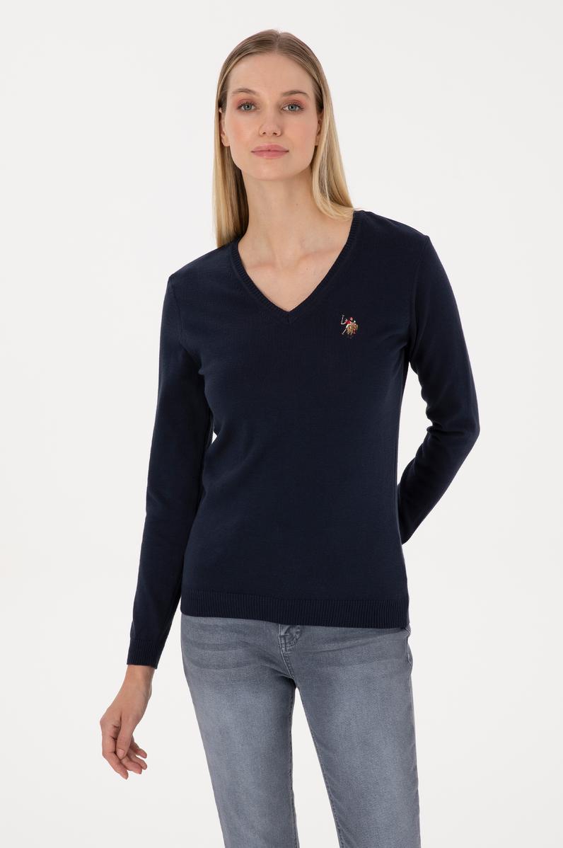 Kadın Lacivert V Yaka Basic Kazak