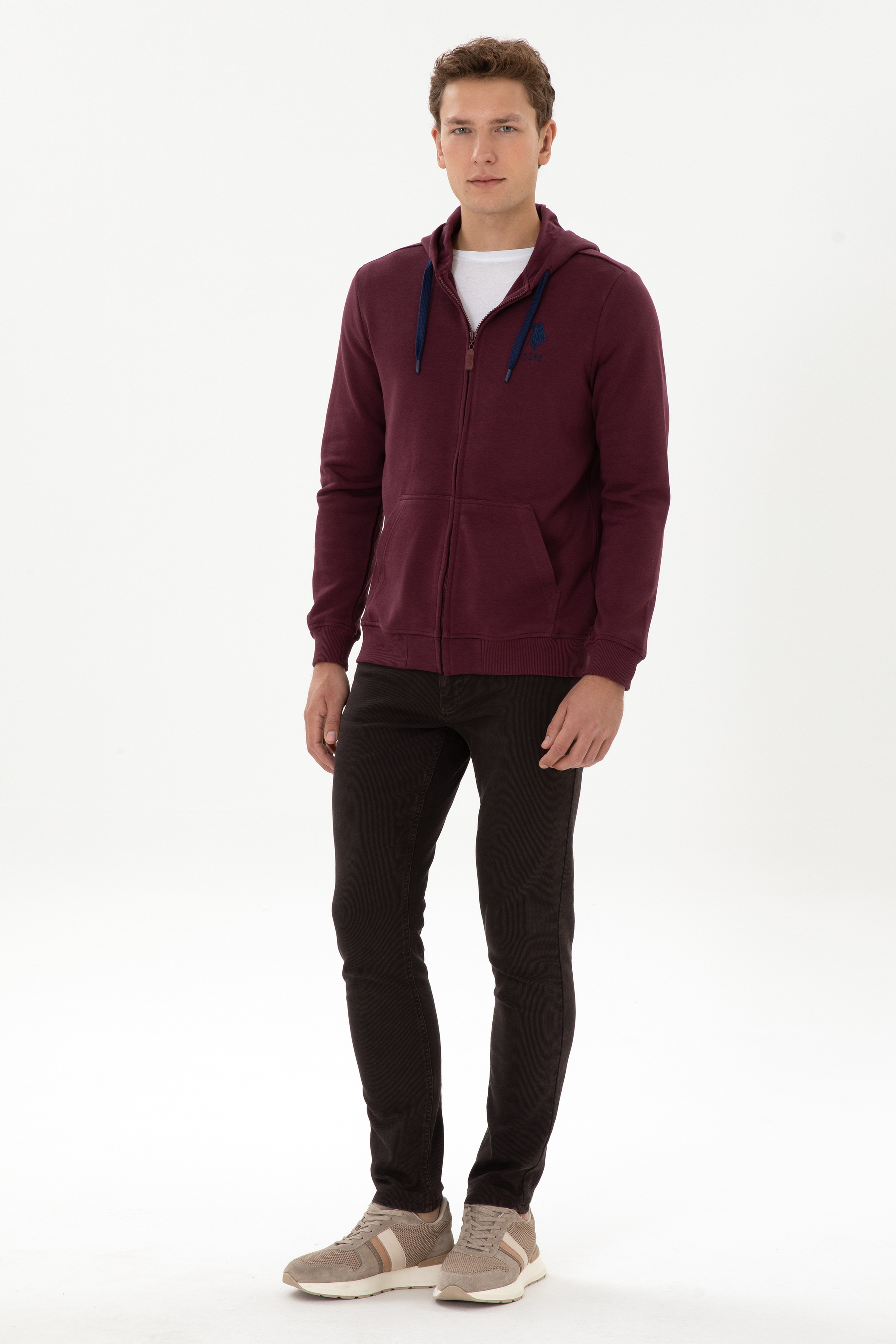 Erkek Regular Fit Regular Fit Fermuarlı Kapüşonlu Bordo Örme Hırka - Image 4