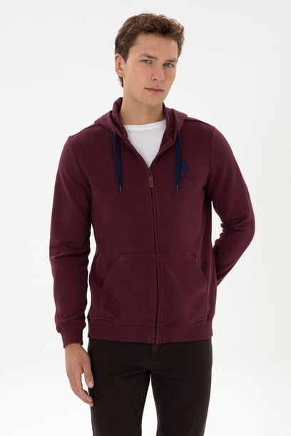 Erkek Regular Fit Regular Fit Fermuarlı Kapüşonlu Bordo Örme Hırka