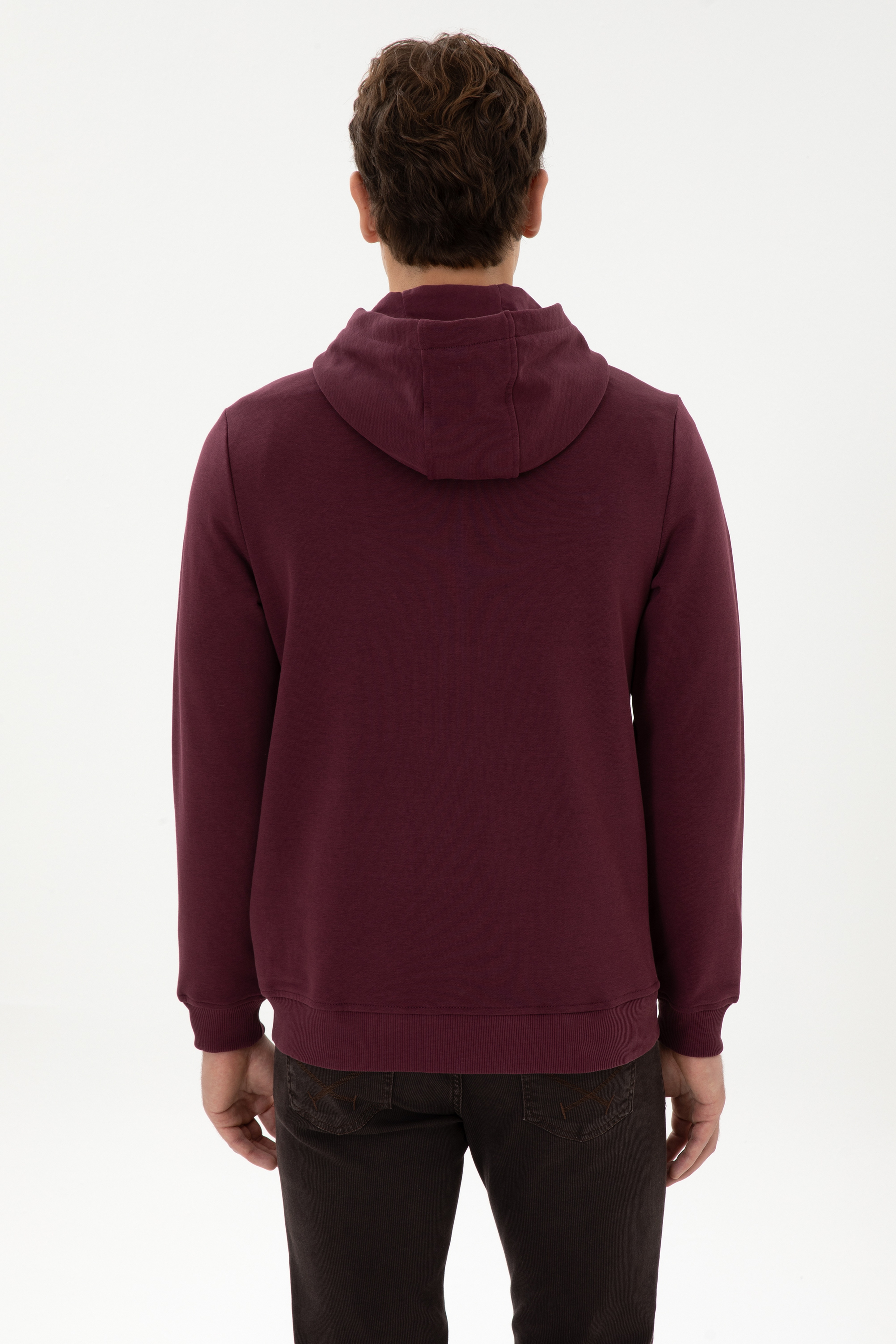 Erkek Regular Fit Regular Fit Fermuarlı Kapüşonlu Bordo Örme Hırka - Image 5